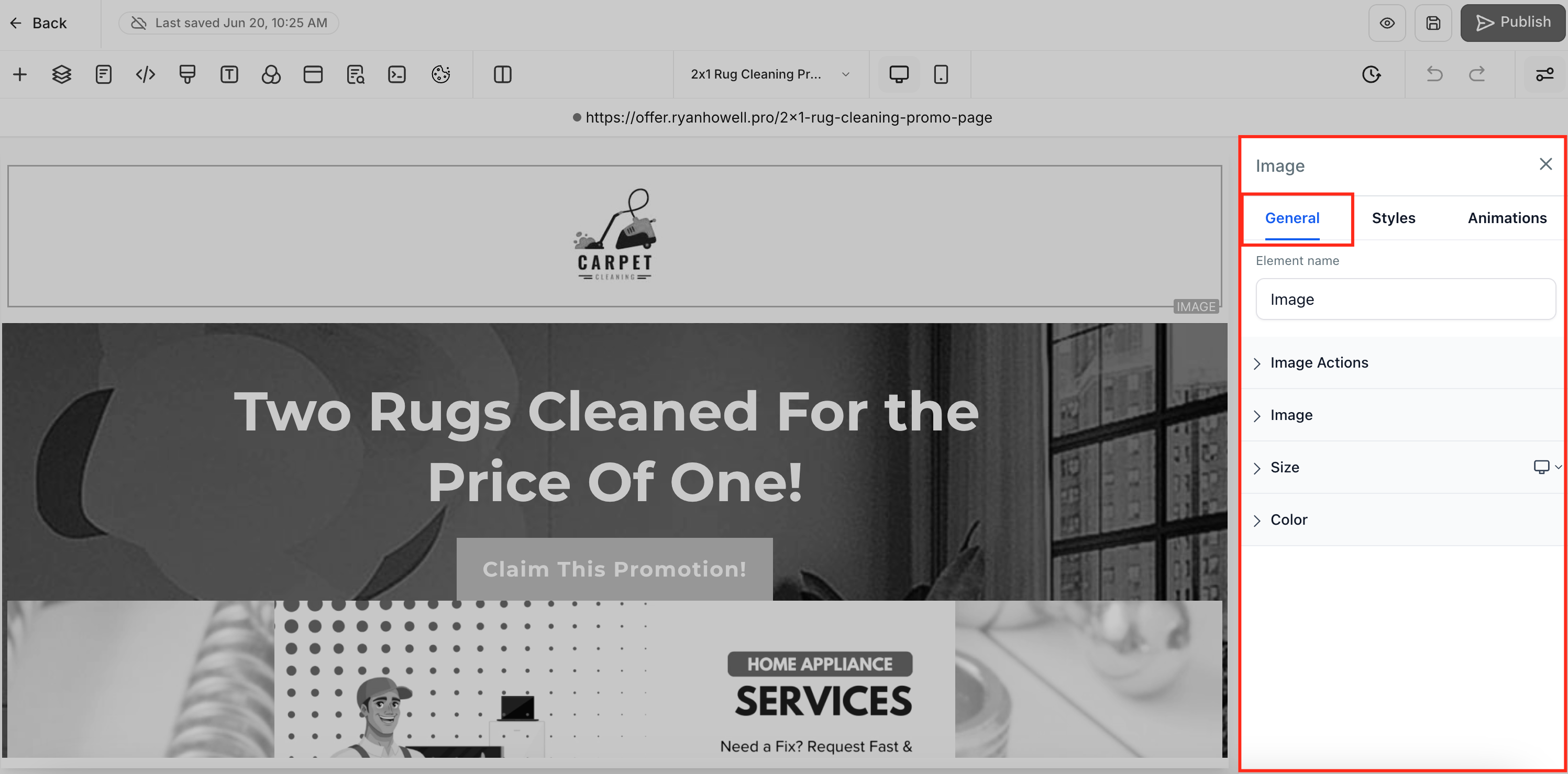 Schermata del tab Generale nella sidebar del Builder di Funnel e Siti Web