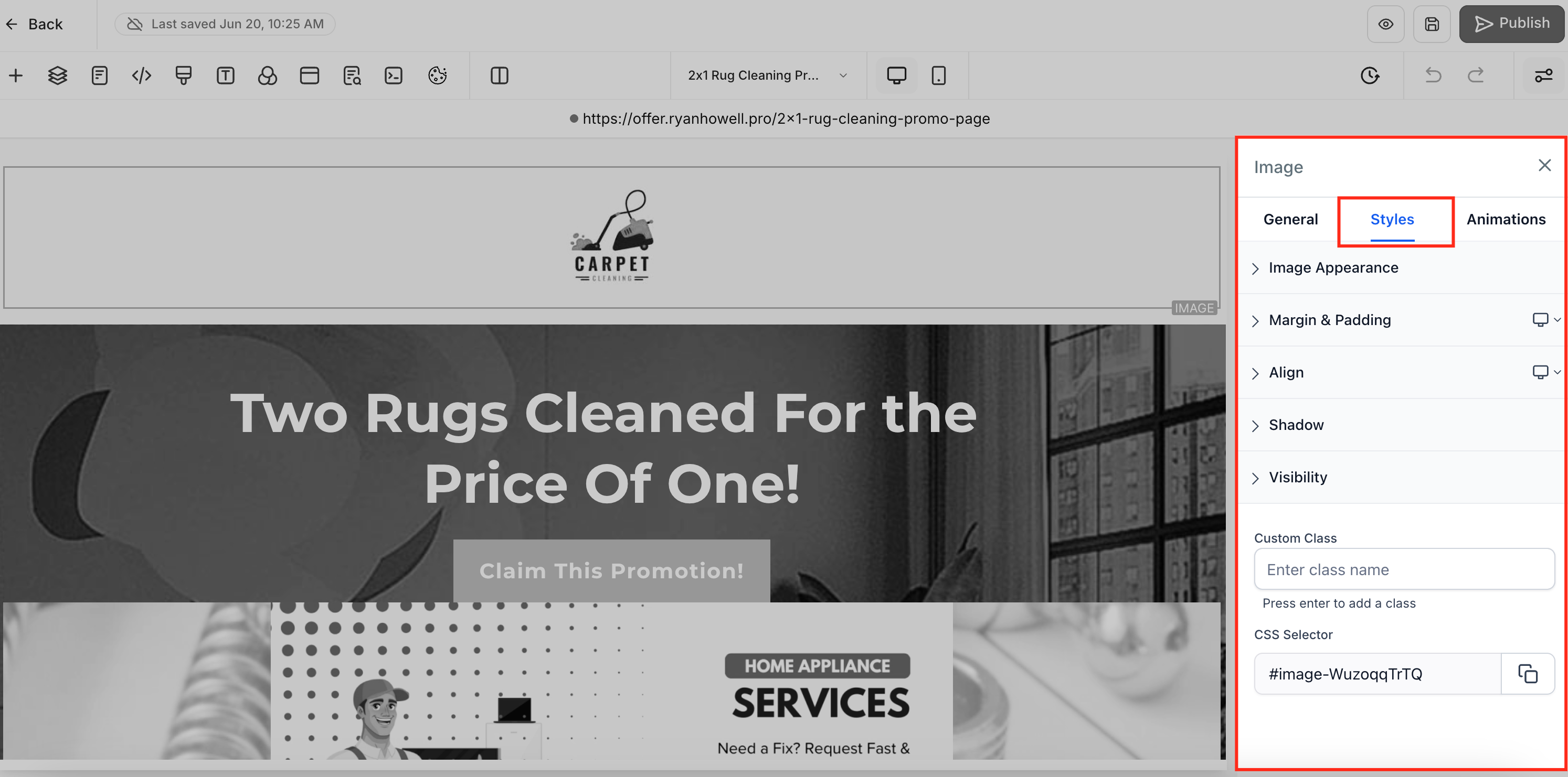 Schermata del tab Stili nella sidebar del Builder di Funnel e Siti Web