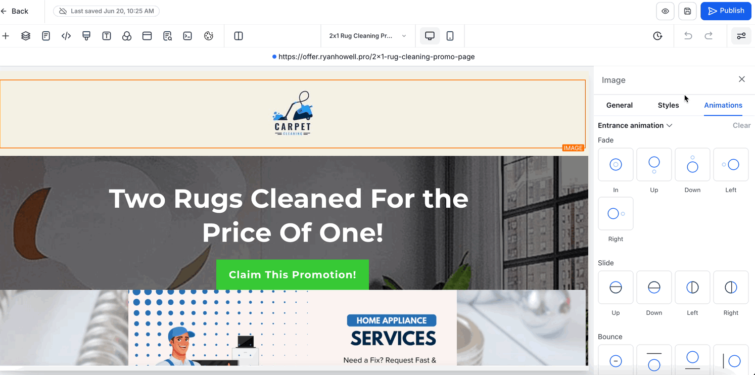 Animazione del tab Animazioni nella sidebar del Builder di Funnel e Siti Web