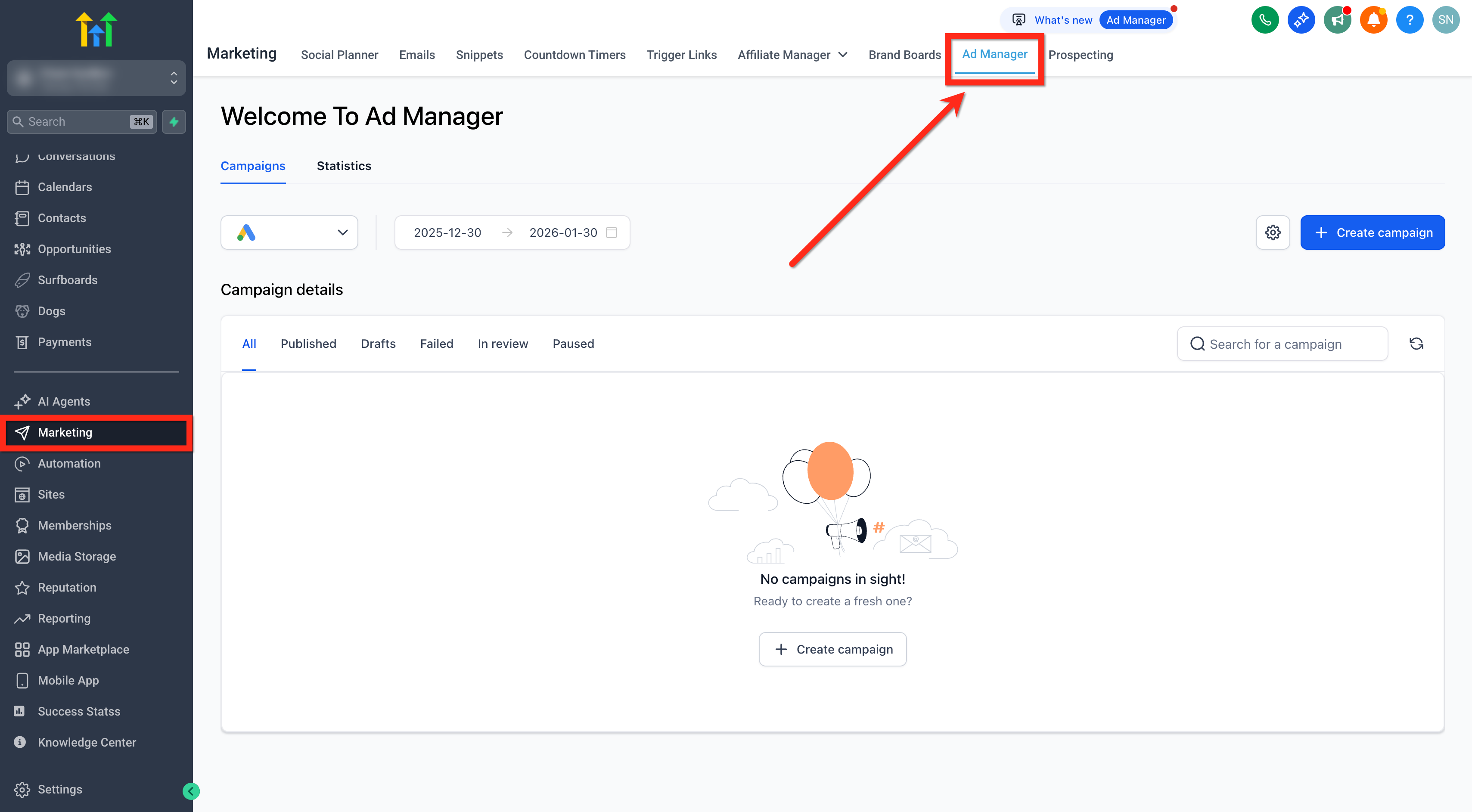 Schermata della sezione Marketing con Ad Manager evidenziato