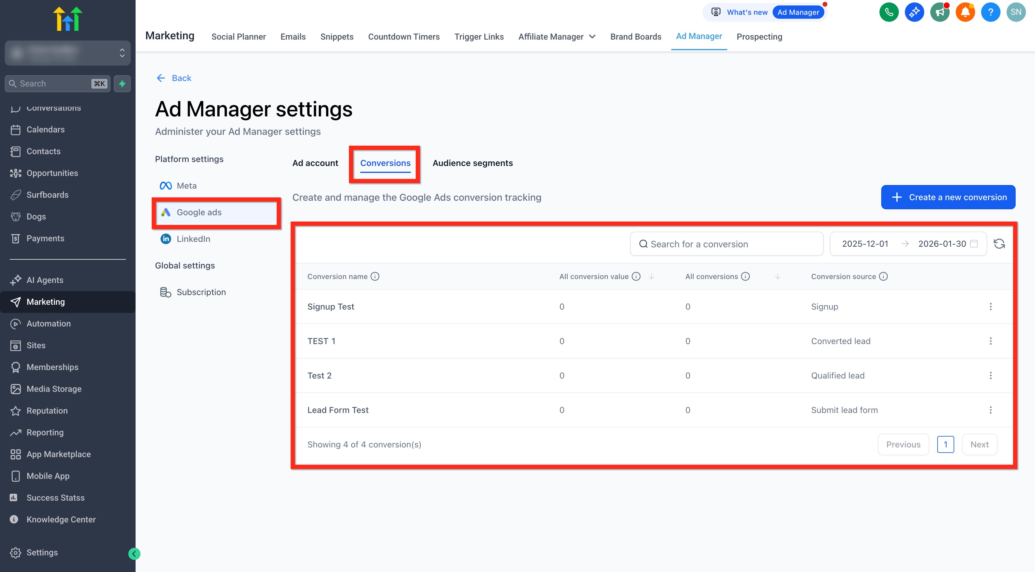 Schermata scheda Conversioni in Impostazioni Google Ads