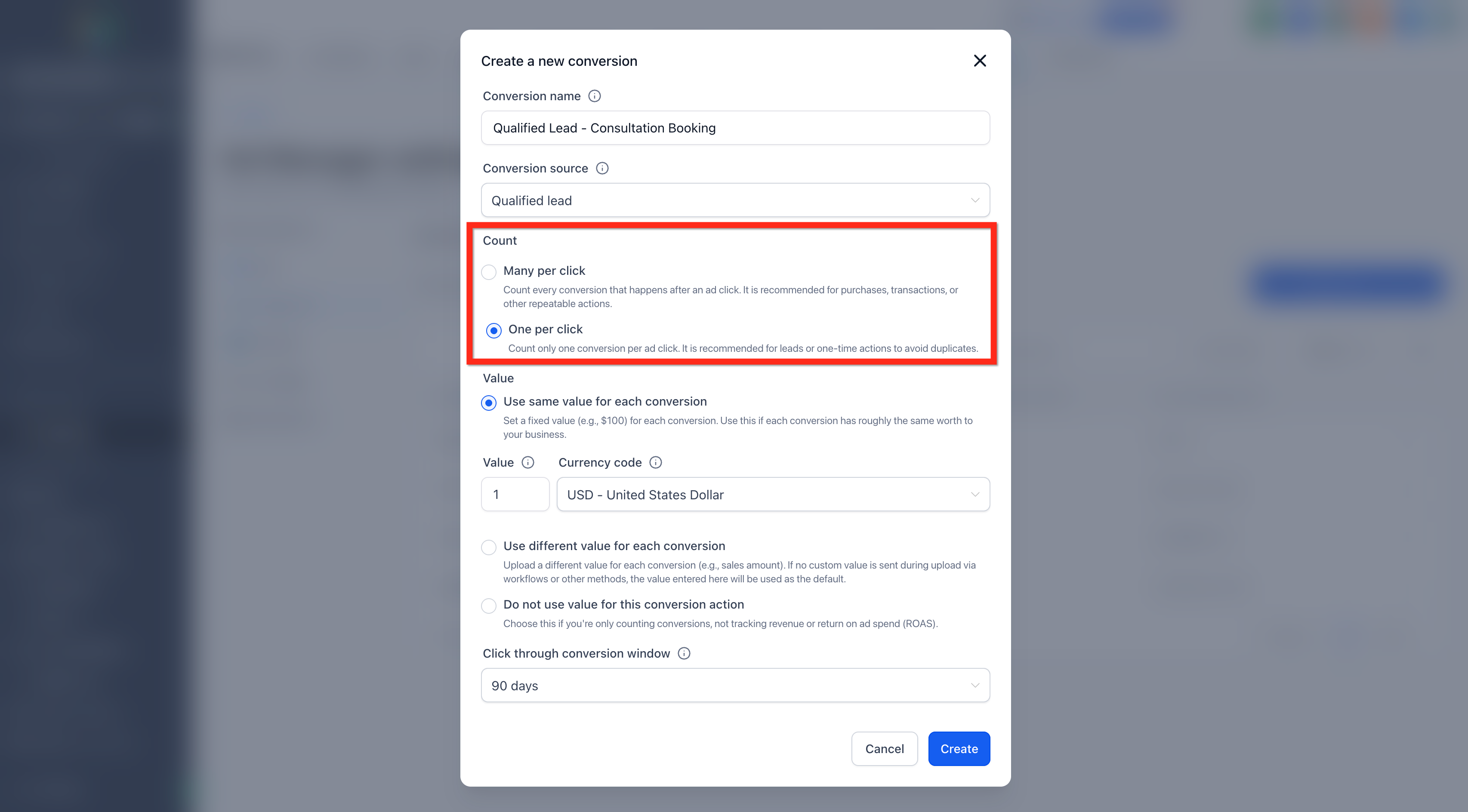 Opzioni conteggio conversioni per clic