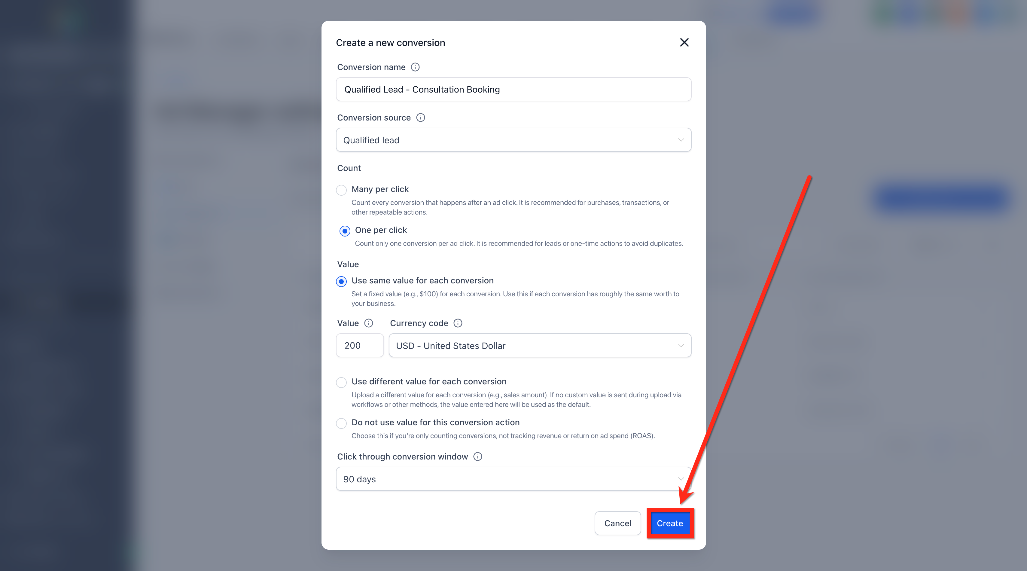 Pulsante Crea per salvare l'azione di conversione