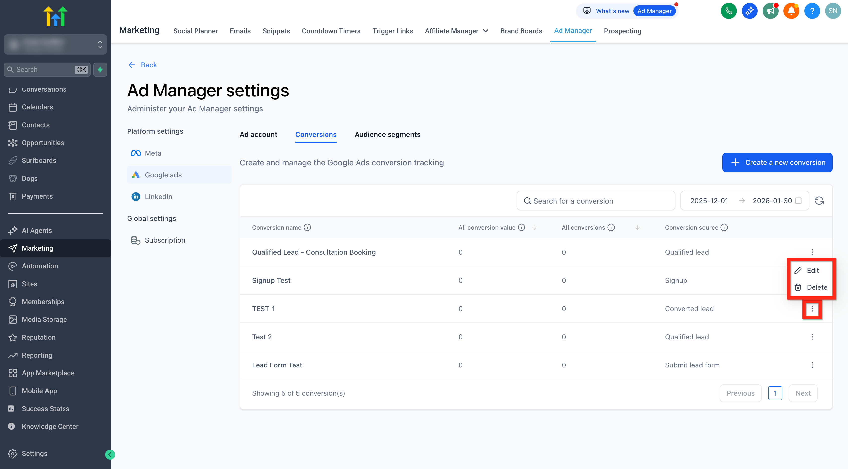 Menu a 3 punti per modificare o eliminare una conversione