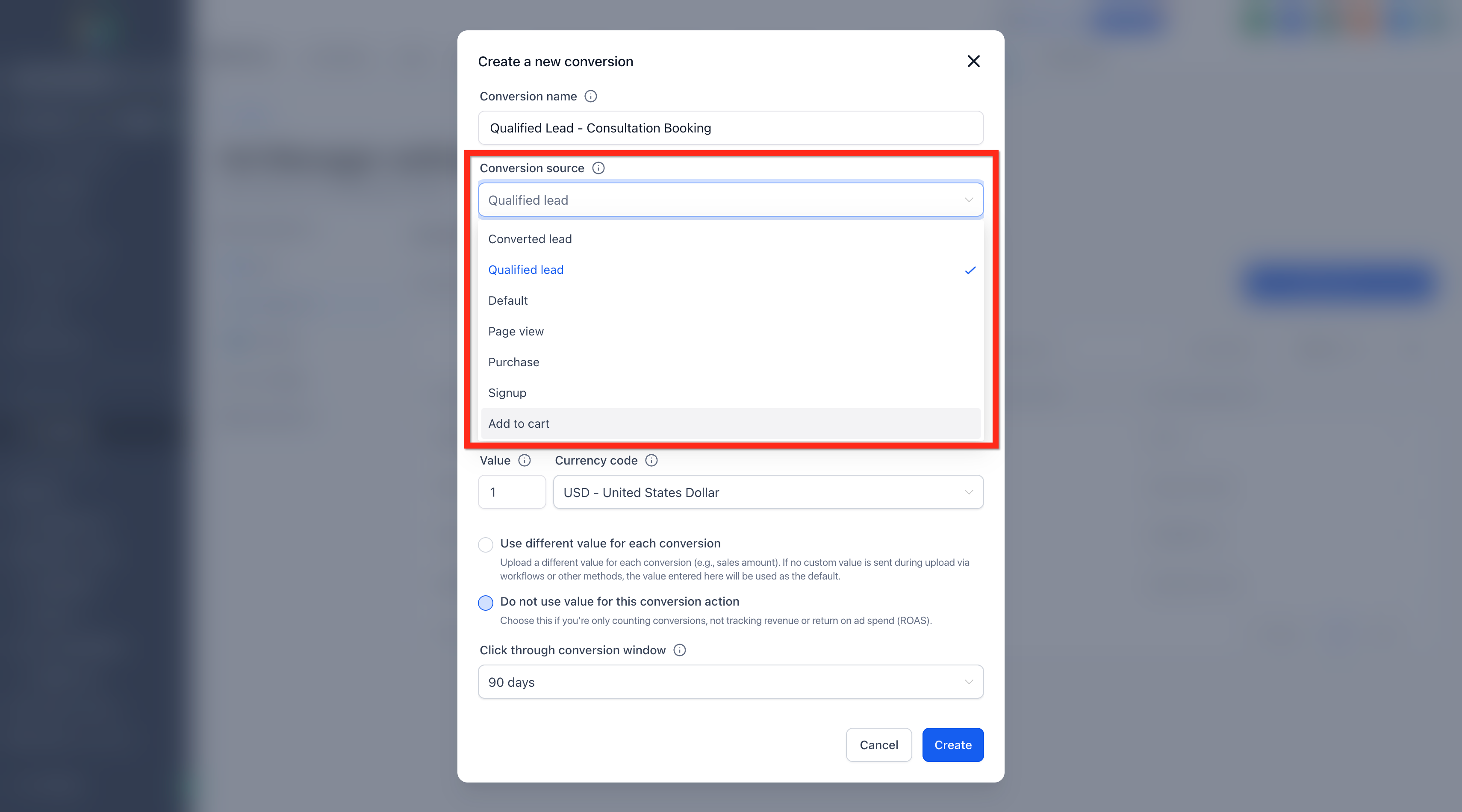 Menu a tendina sorgente di conversione