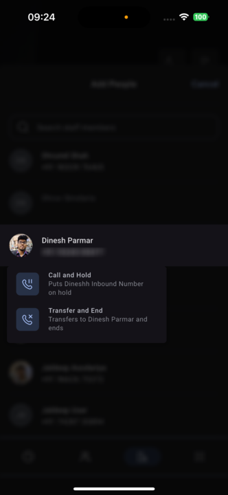 Schermata di selezione del tipo di trasferimento: Warm Transfer o Blind Transfer