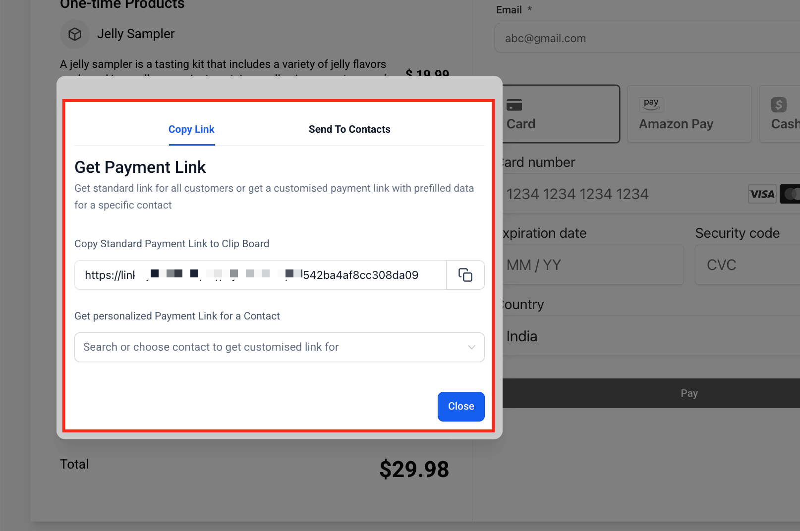 Opzioni copia o personalizza link di pagamento