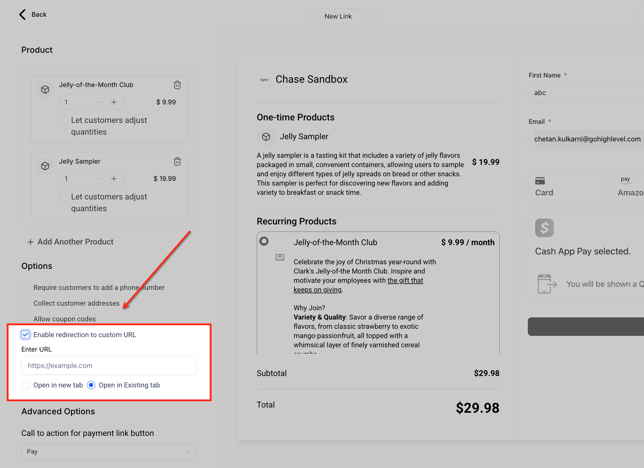 Impostazione URL di reindirizzamento post-acquisto