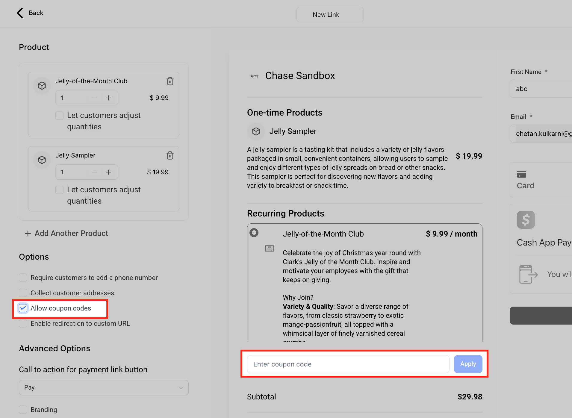 Opzione codici coupon al checkout