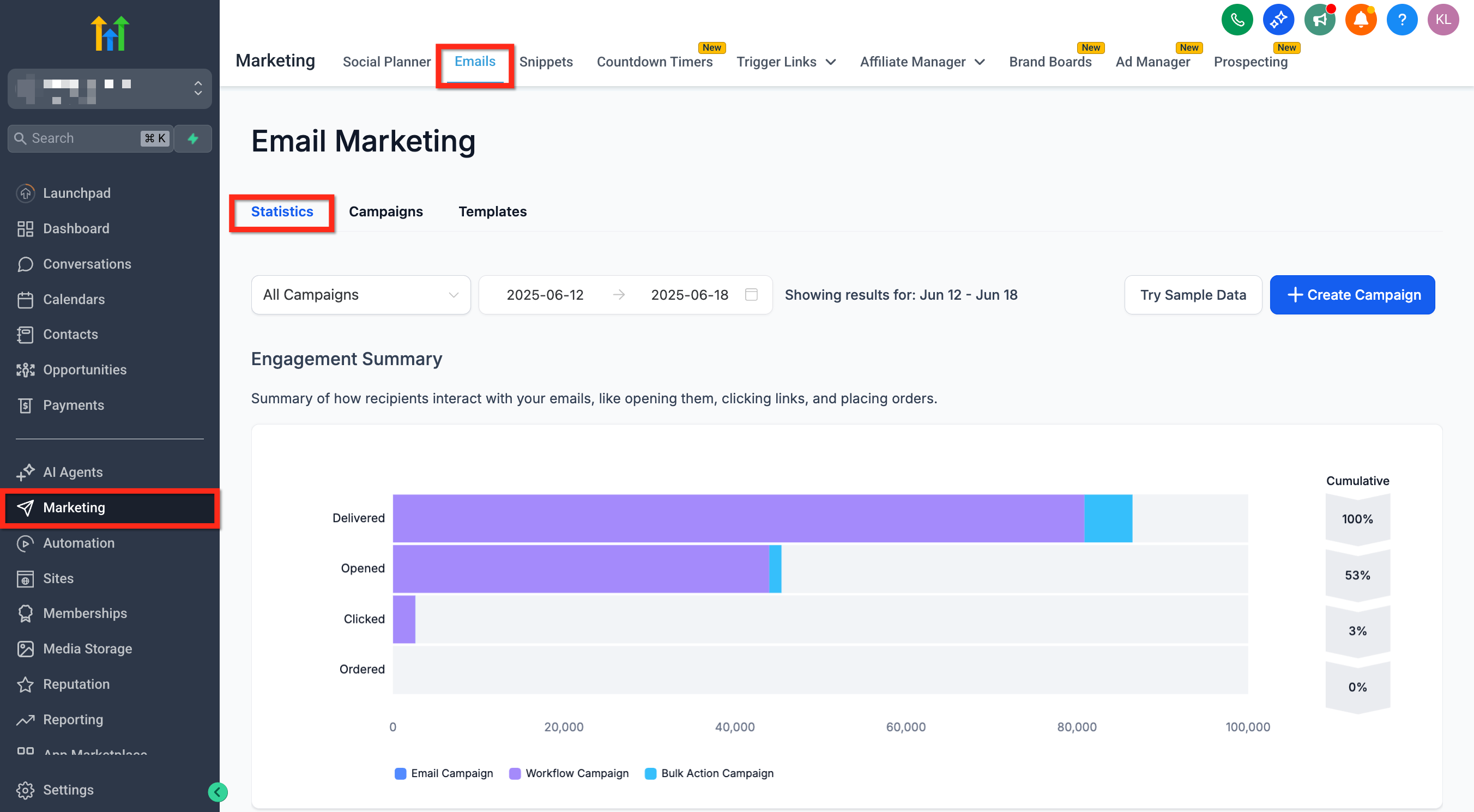 Schermata del percorso Marketing > Email > Statistics