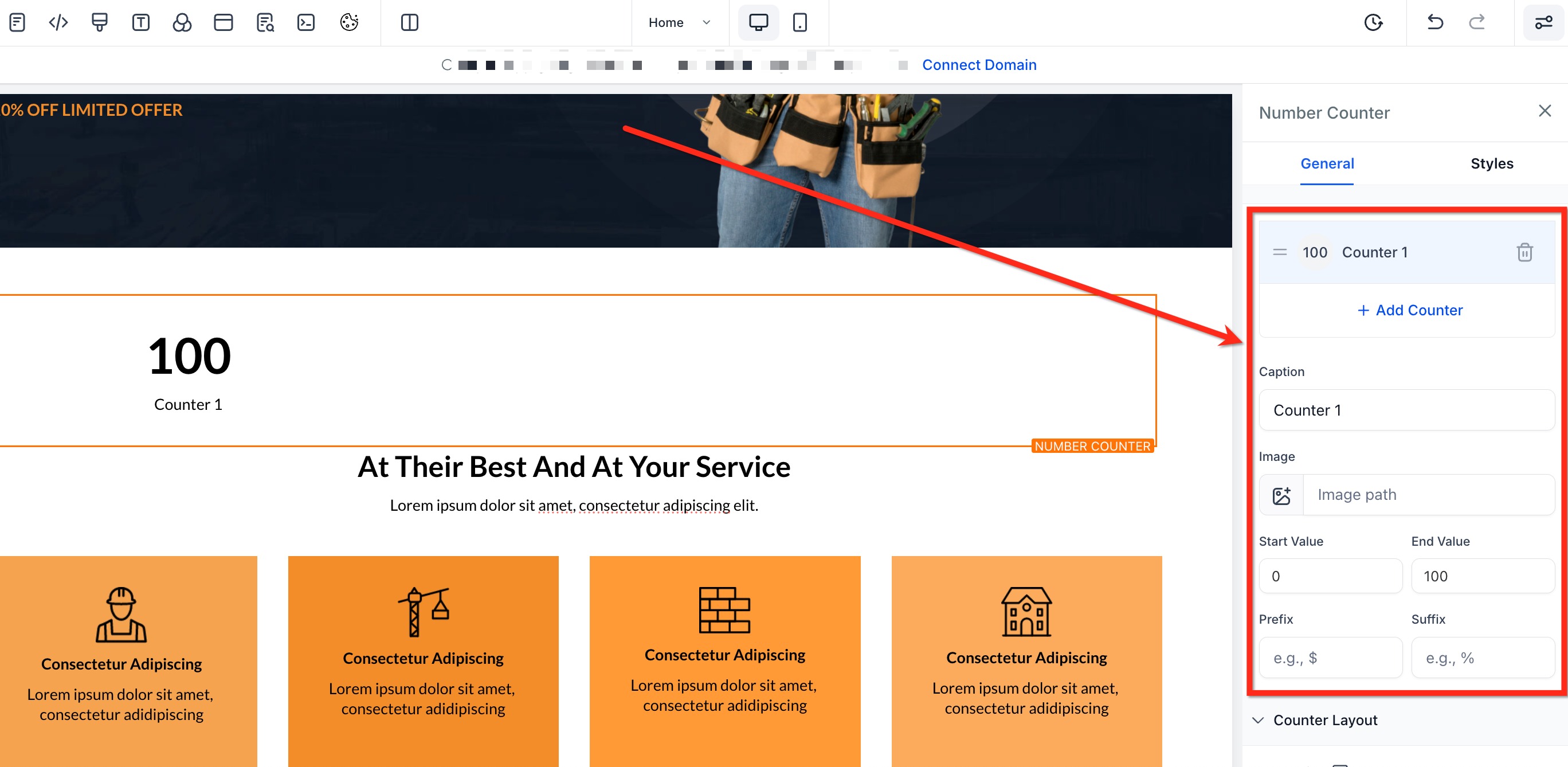 Pannello di configurazione dei valori del contatore