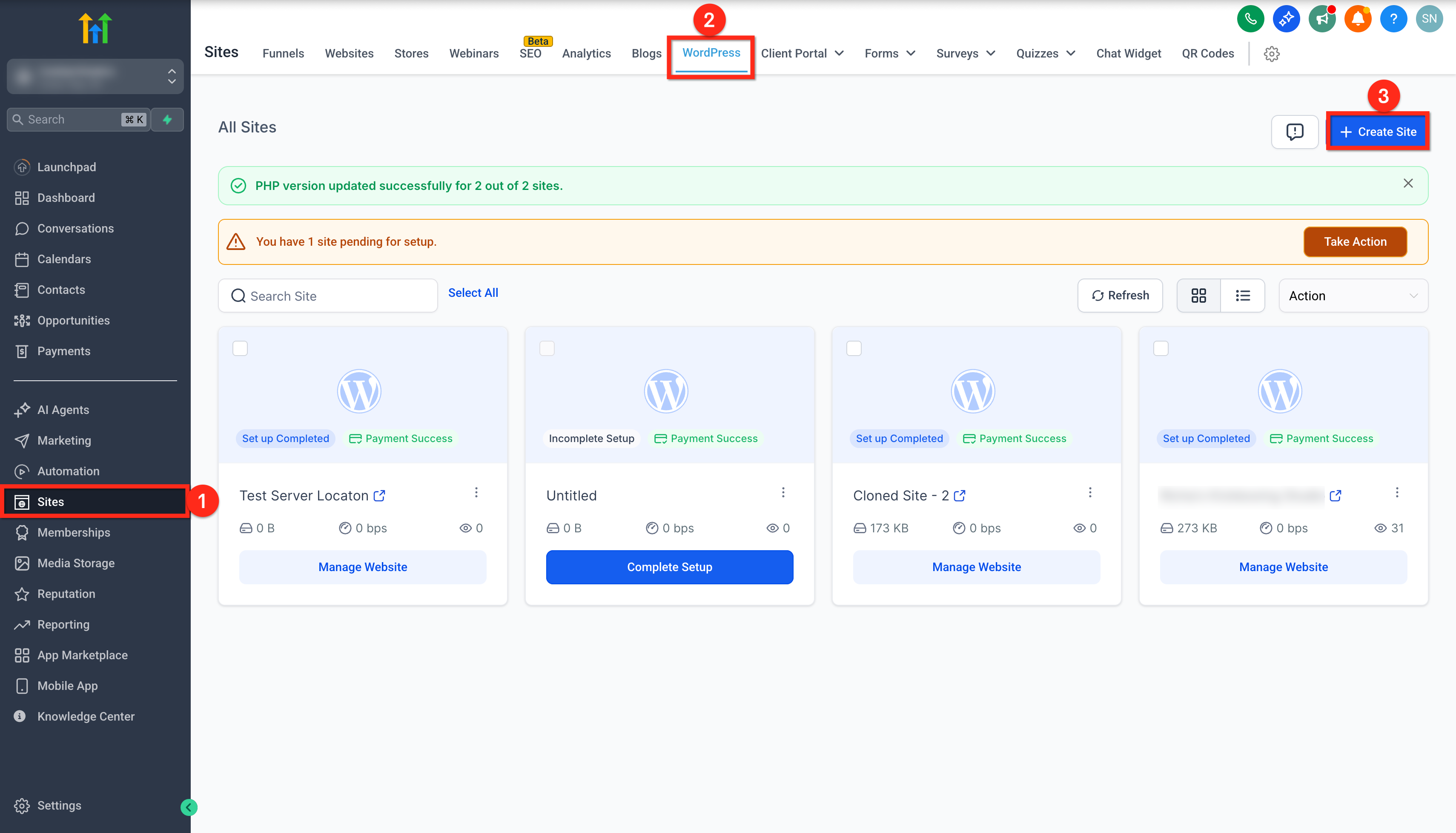 Schermata del pulsante Crea sito nella sezione WordPress