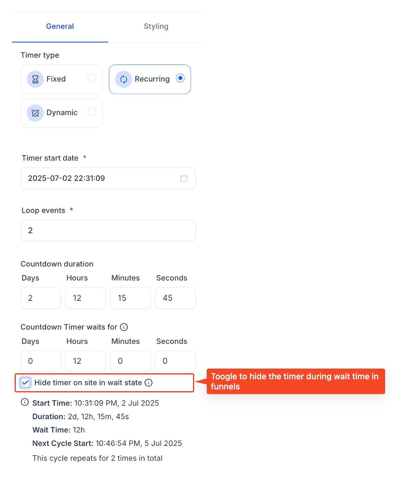 Schermata configurazione timer ricorrente con tempo di attesa