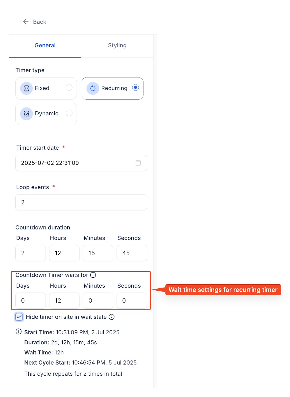 Schermata del timer ricorrente con tempo di attesa personalizzato