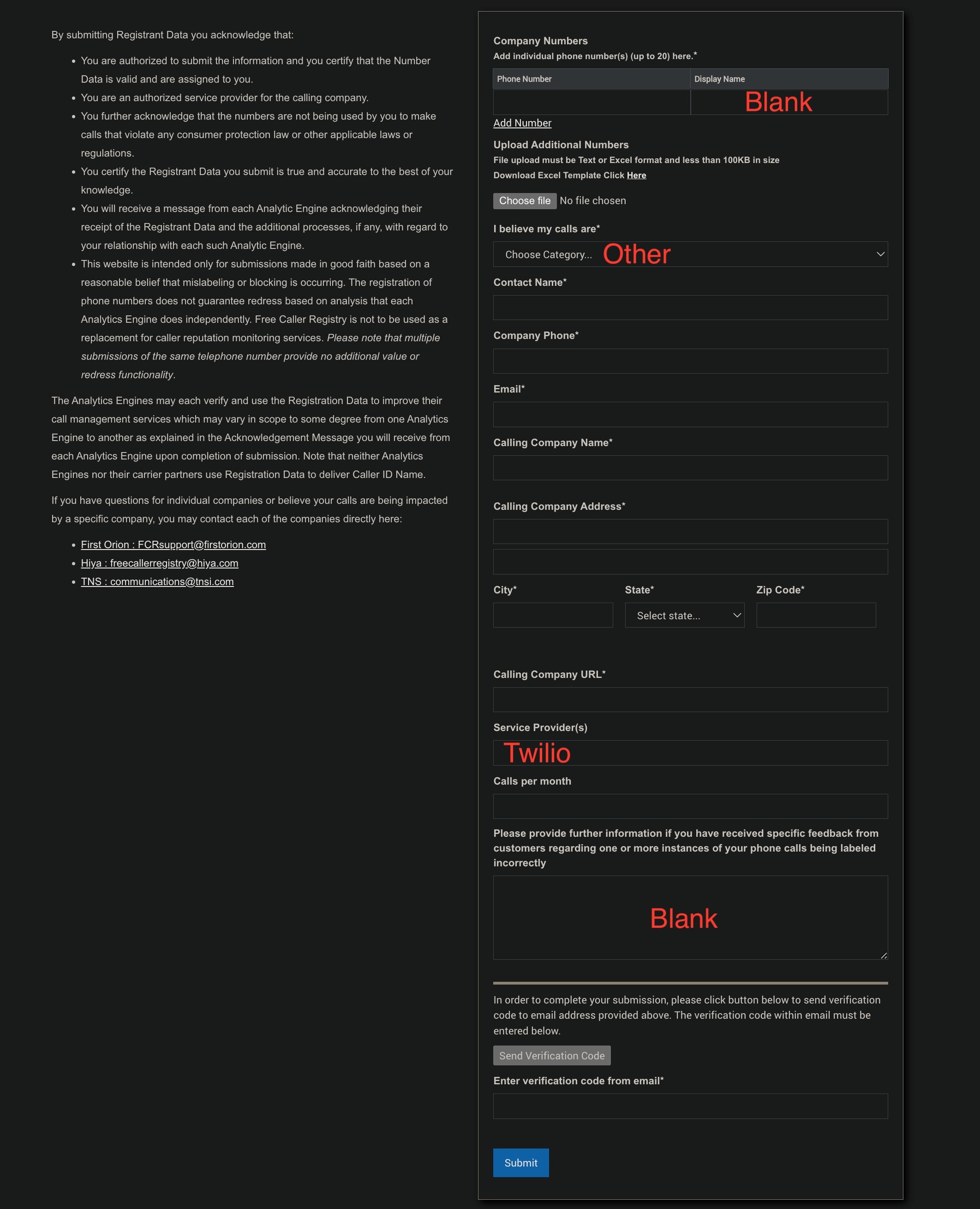 Modulo di registrazione Free Caller Registry