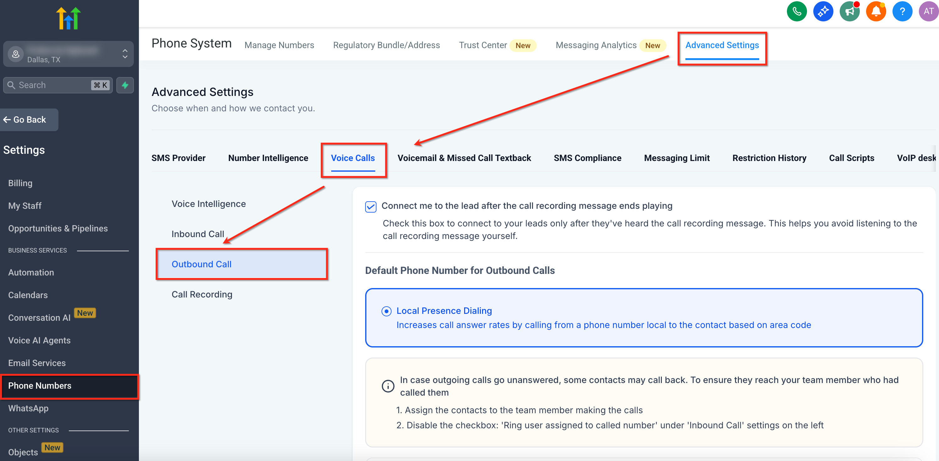 Schermata di configurazione Local Presence Dialing