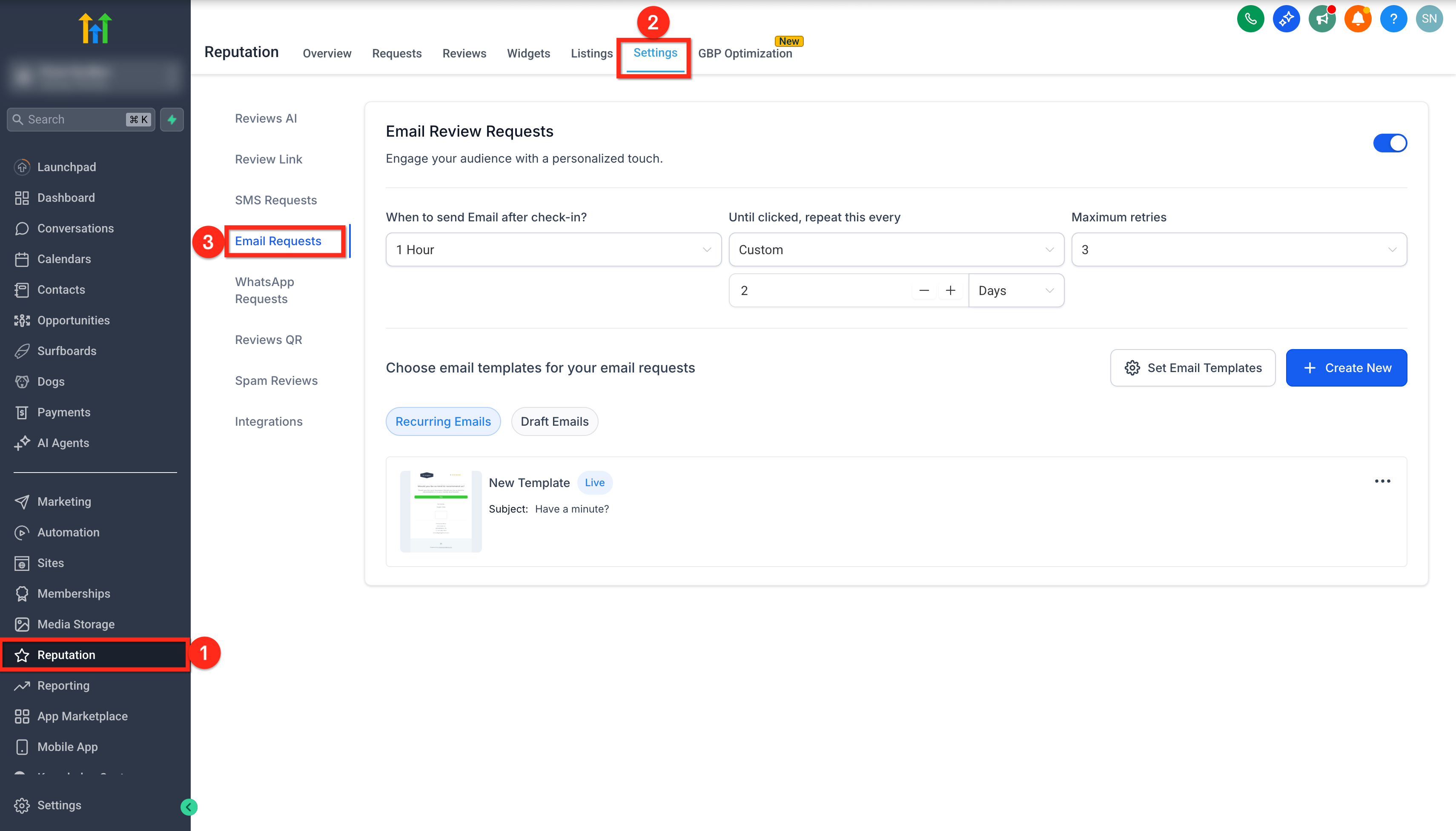 Schermata Reputation Settings Email Requests