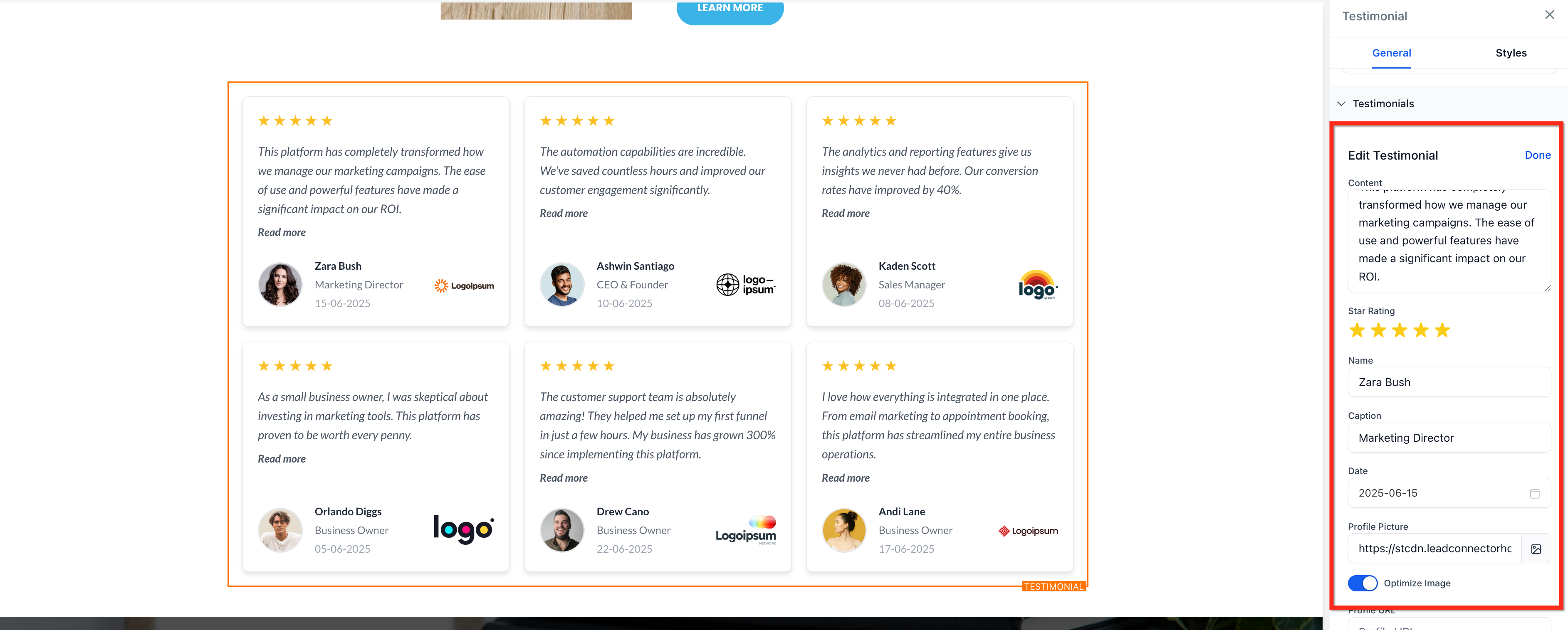 Editor testimonianza con campi nome, didascalia, data, valutazione e foto