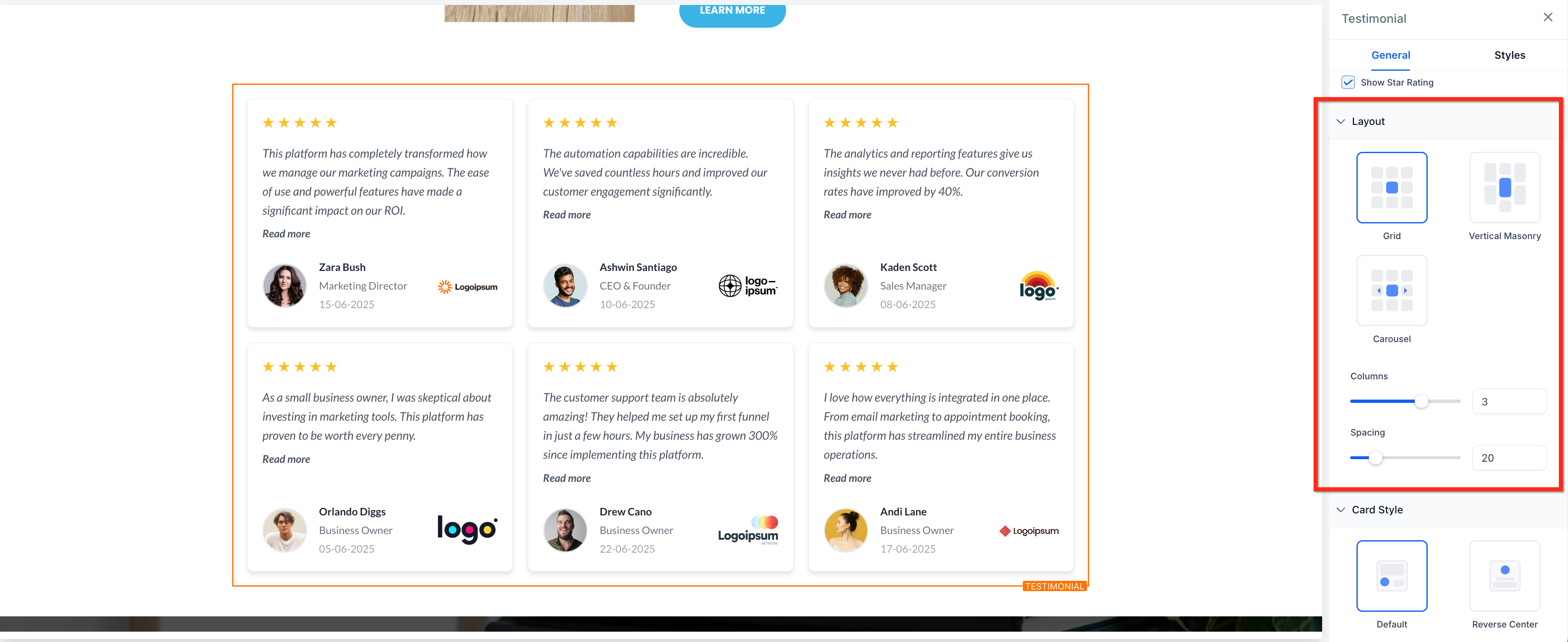 Opzioni di layout testimonianze