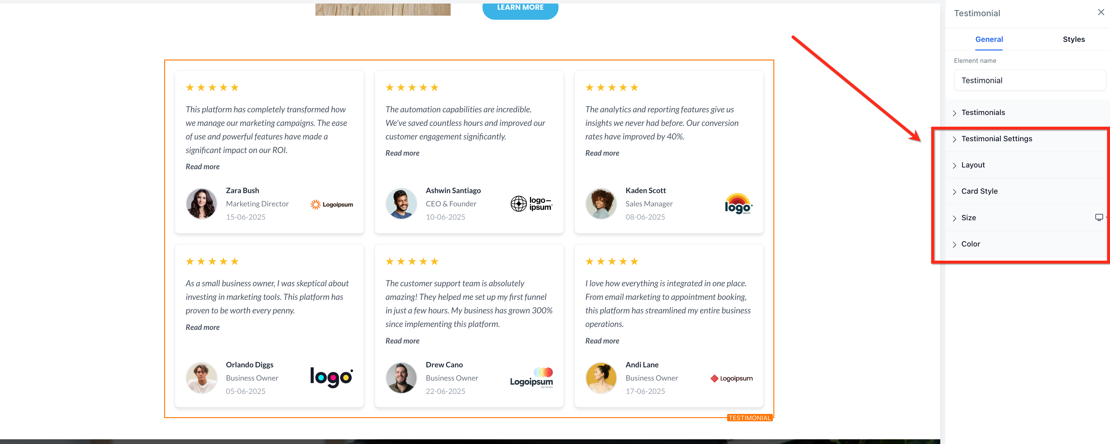 Personalizzazione aspetto e layout delle testimonianze