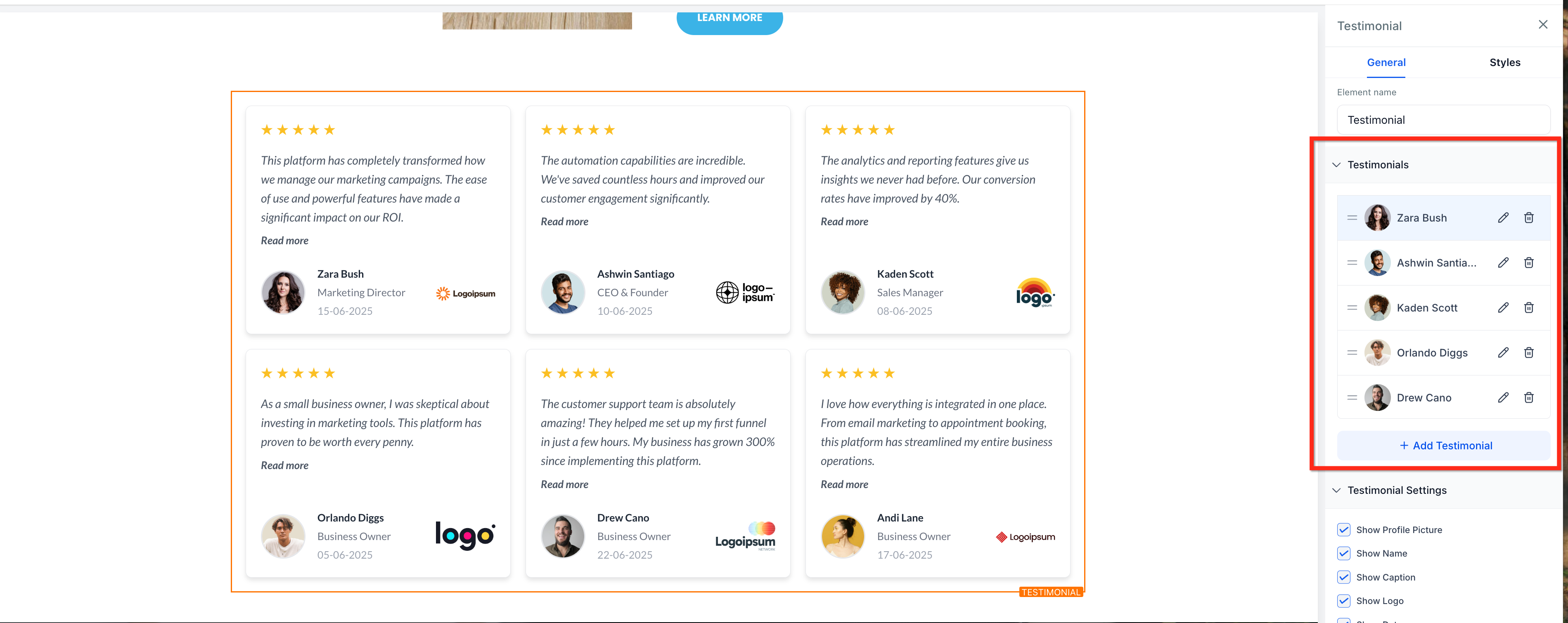 Pannello di configurazione testimonianze con opzioni aggiungi, riordina, modifica ed elimina