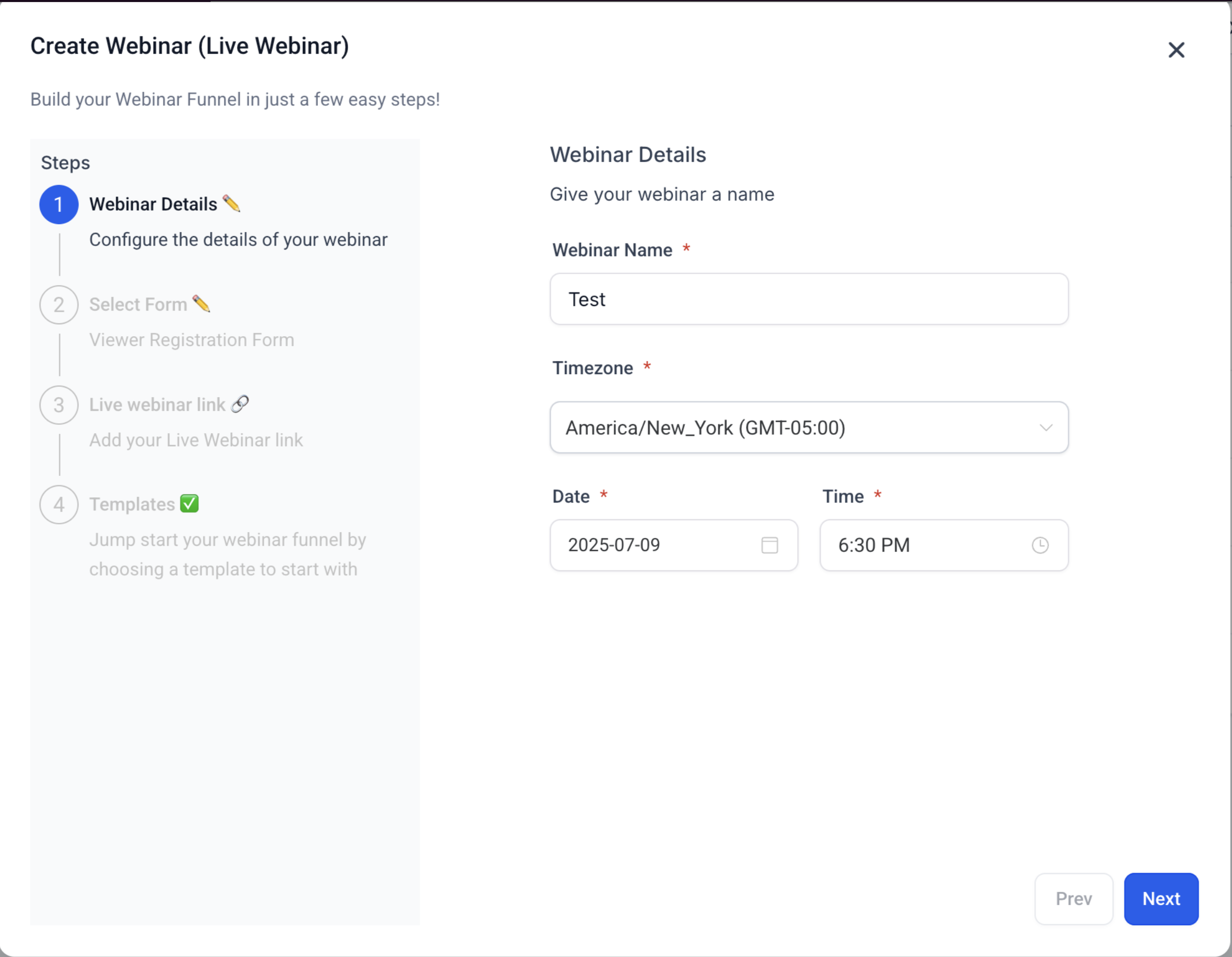 Schermata di configurazione del webinar live