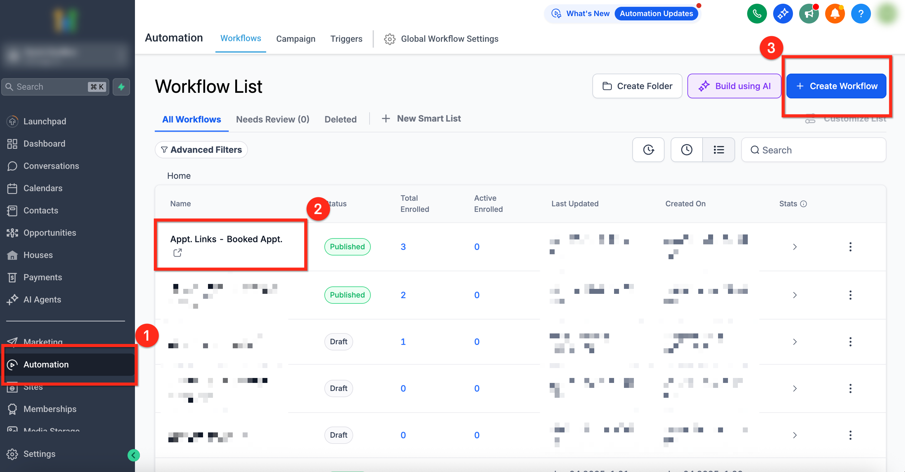 Schermata della sezione Automazioni con il pulsante Crea nuovo Workflow