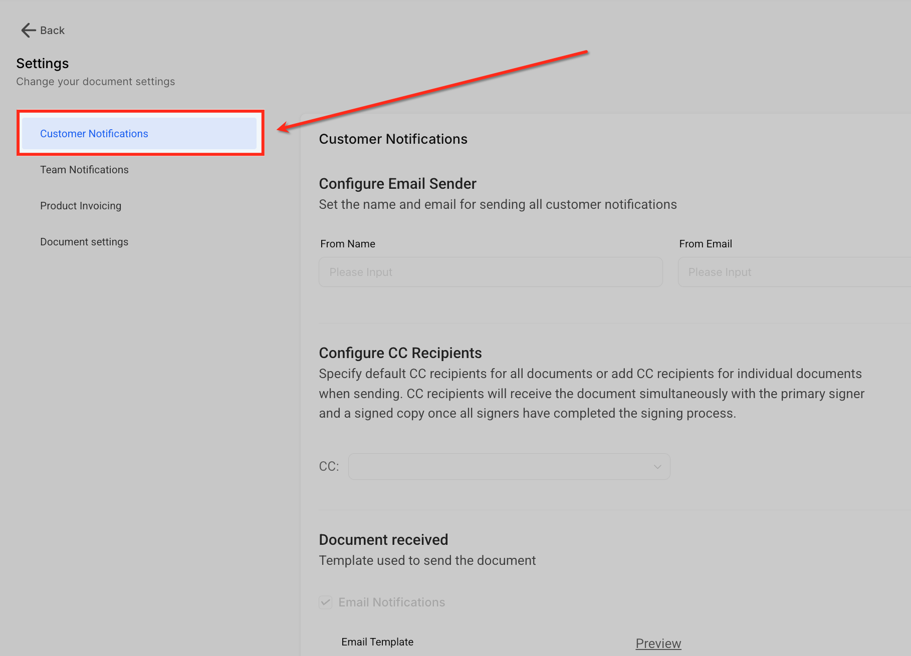 Sezione Notifiche Cliente nelle Impostazioni