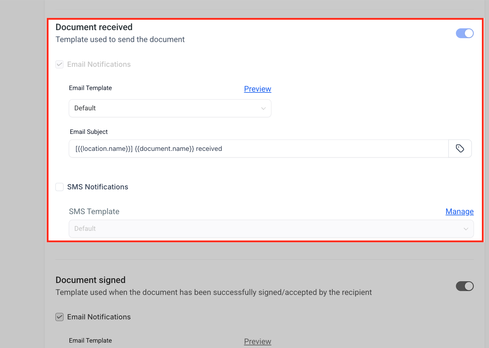 Configurazione notifiche Documento ricevuto