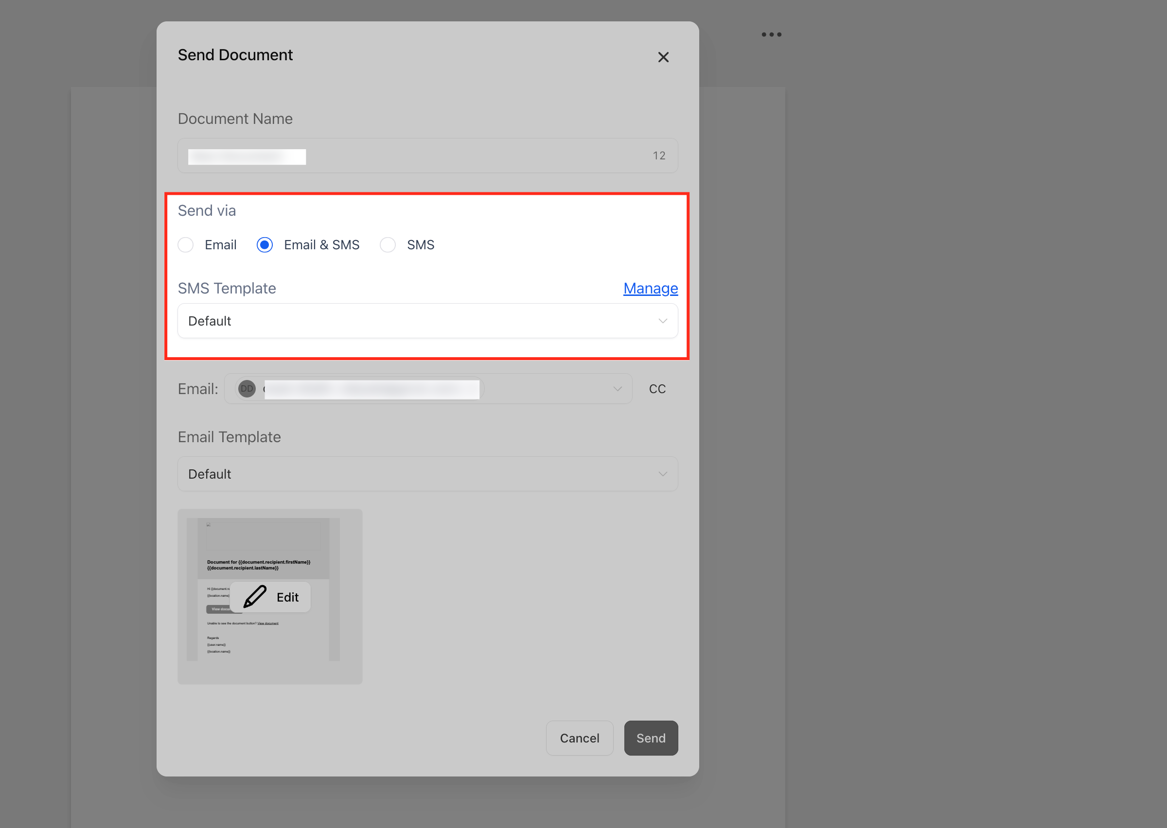 Selezione del canale di invio: Email, SMS o Email+SMS