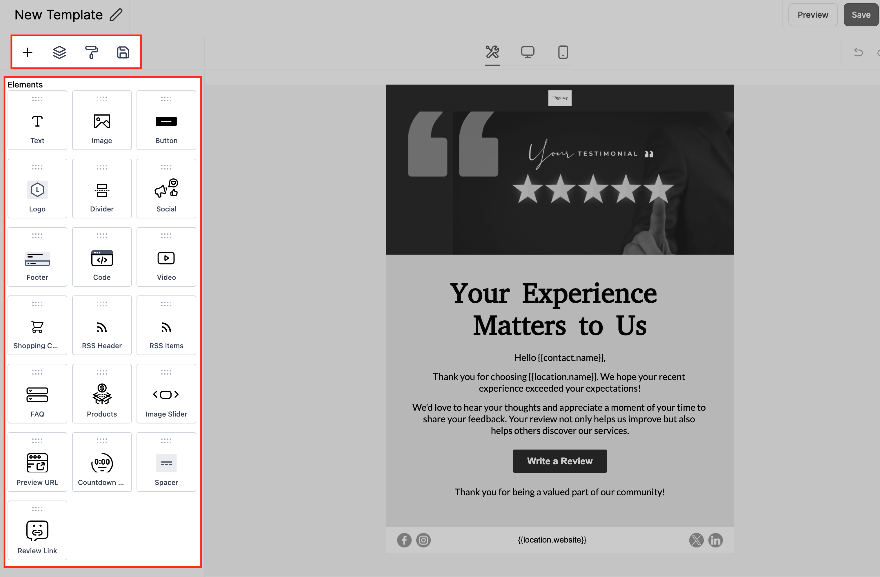 Schermata del canvas vuoto per la creazione email da zero