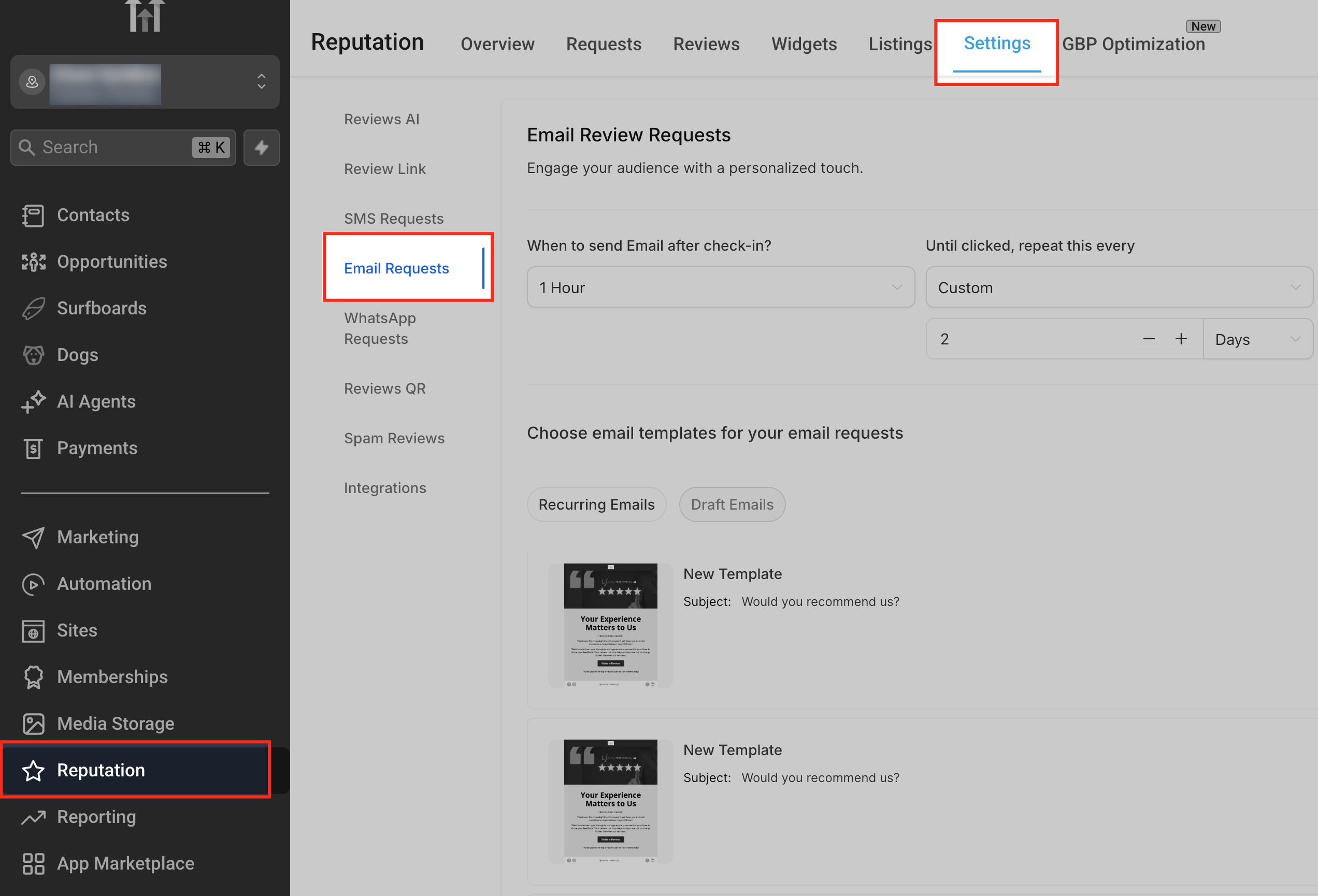 Schermata di navigazione verso Reputation > Impostazioni > Email Requests