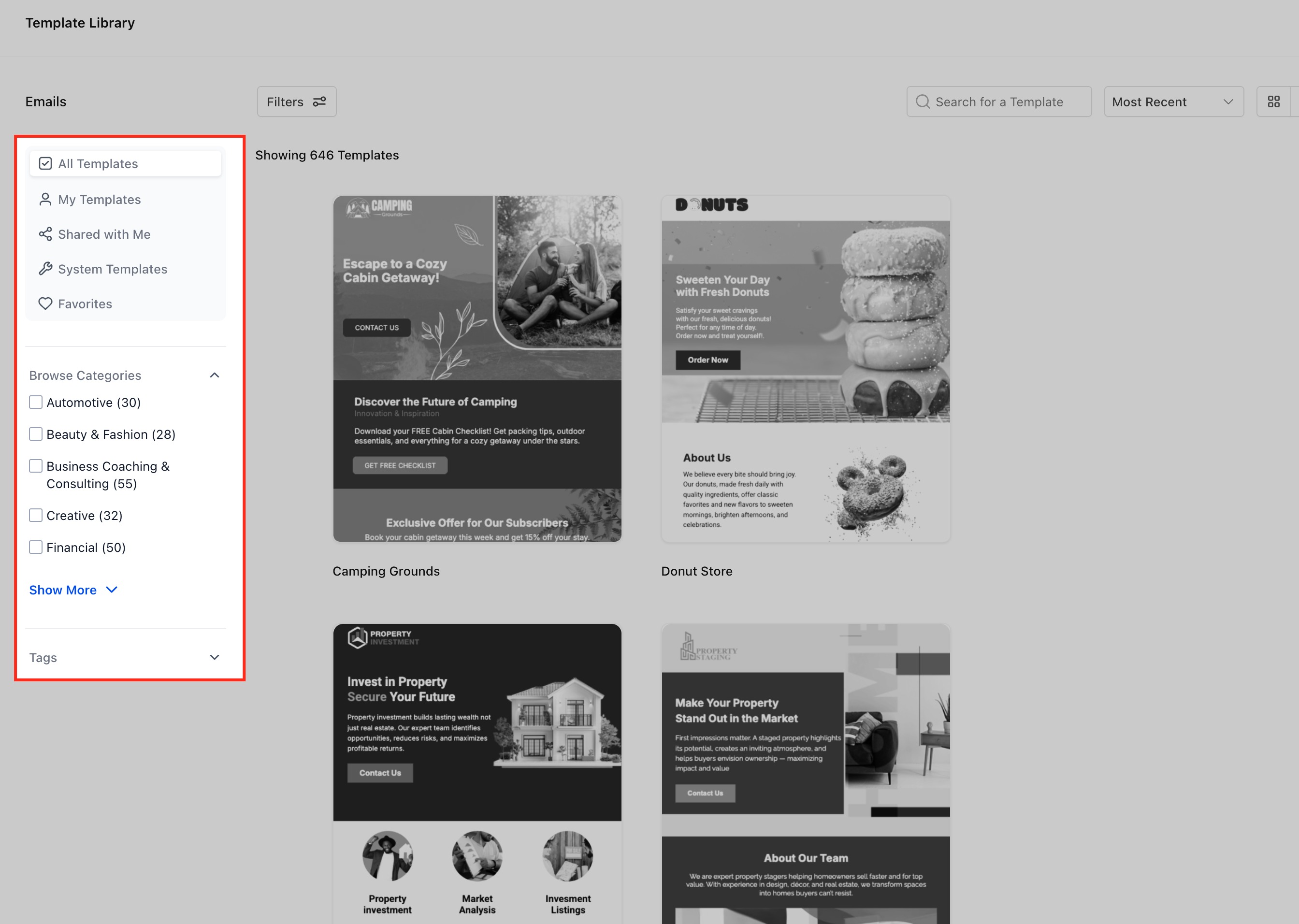 Schermata della Libreria di Template con categorie disponibili