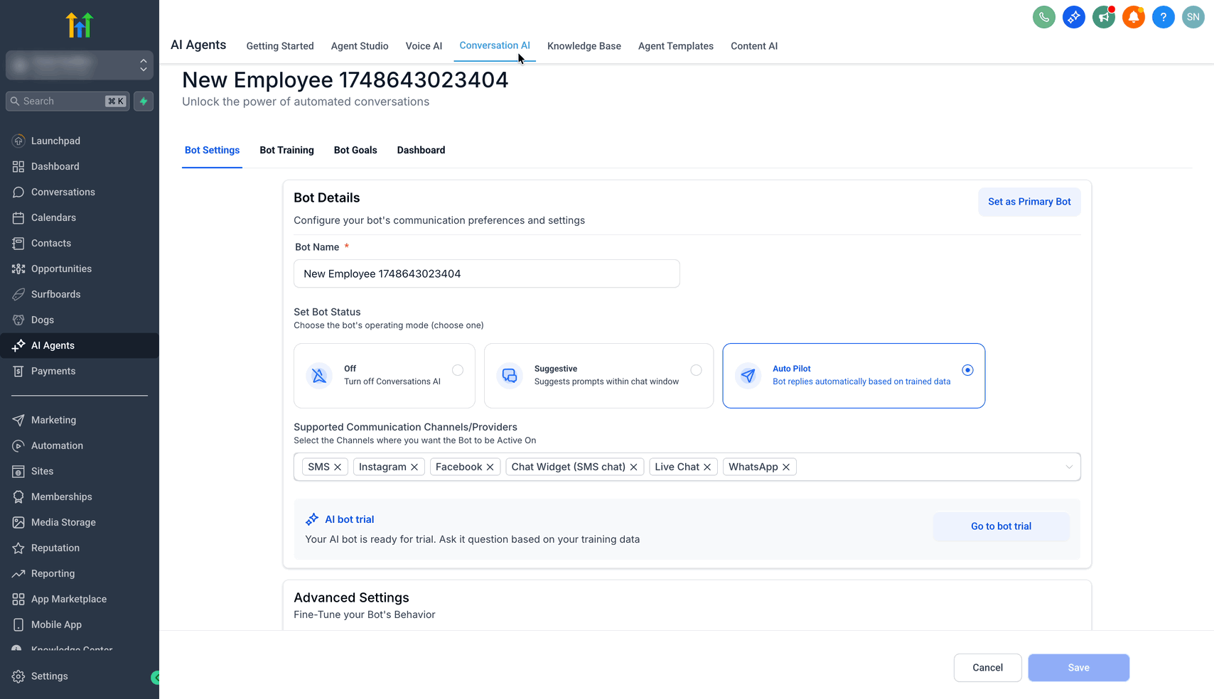 Selezione della Knowledge Base nel bot