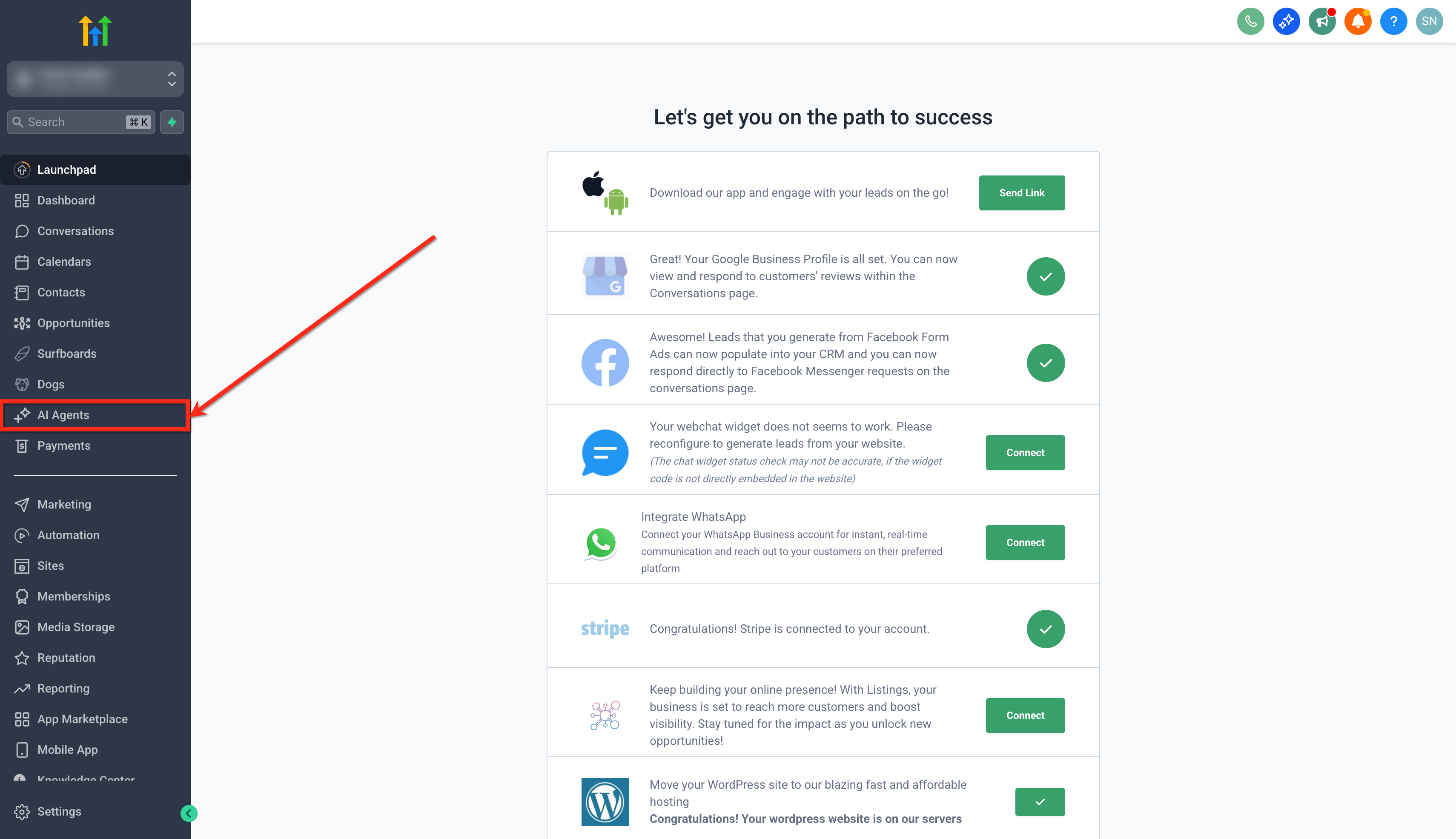 Scheda AI Agents nel menu laterale