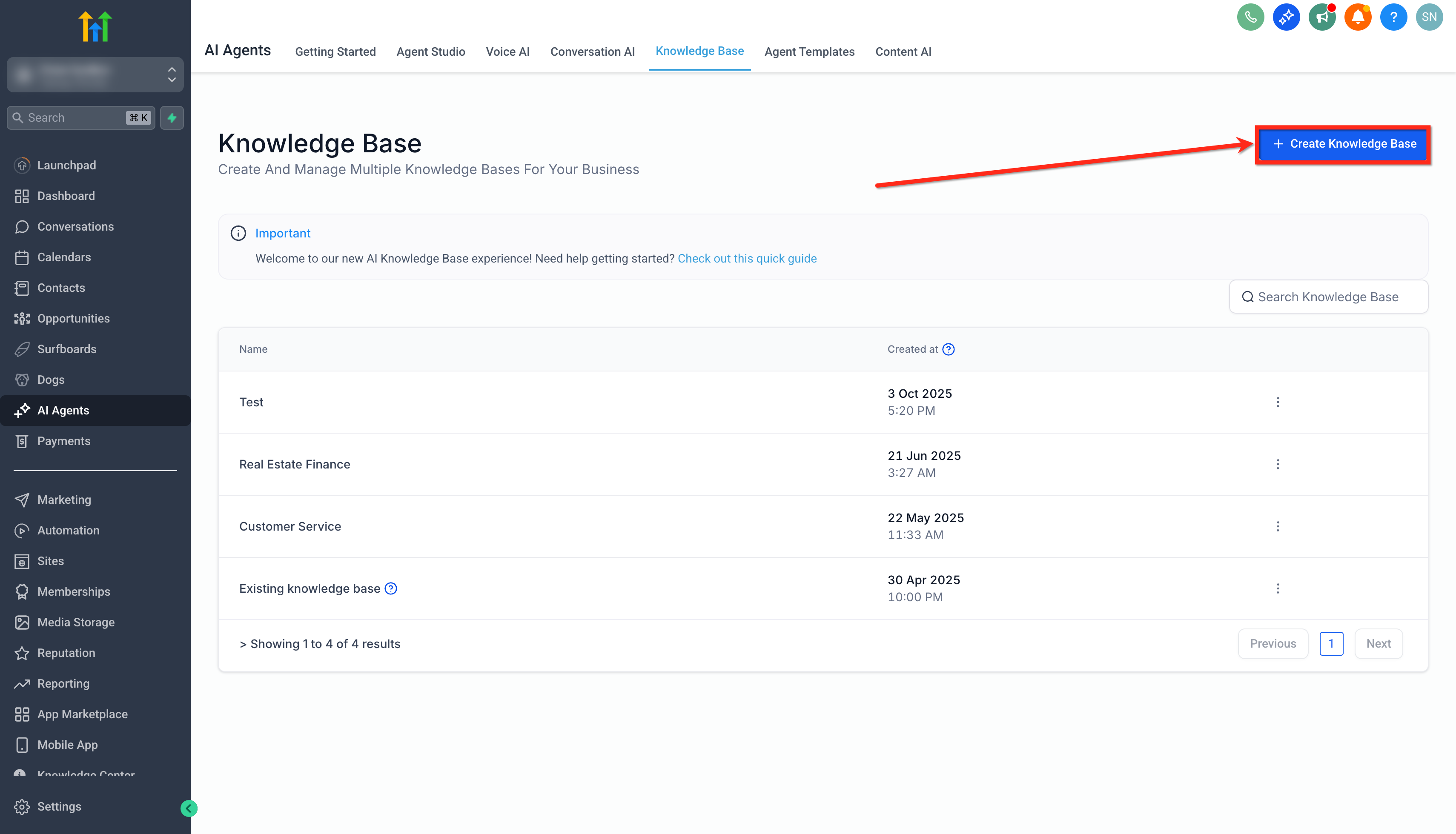 Pulsante + Crea Knowledge Base