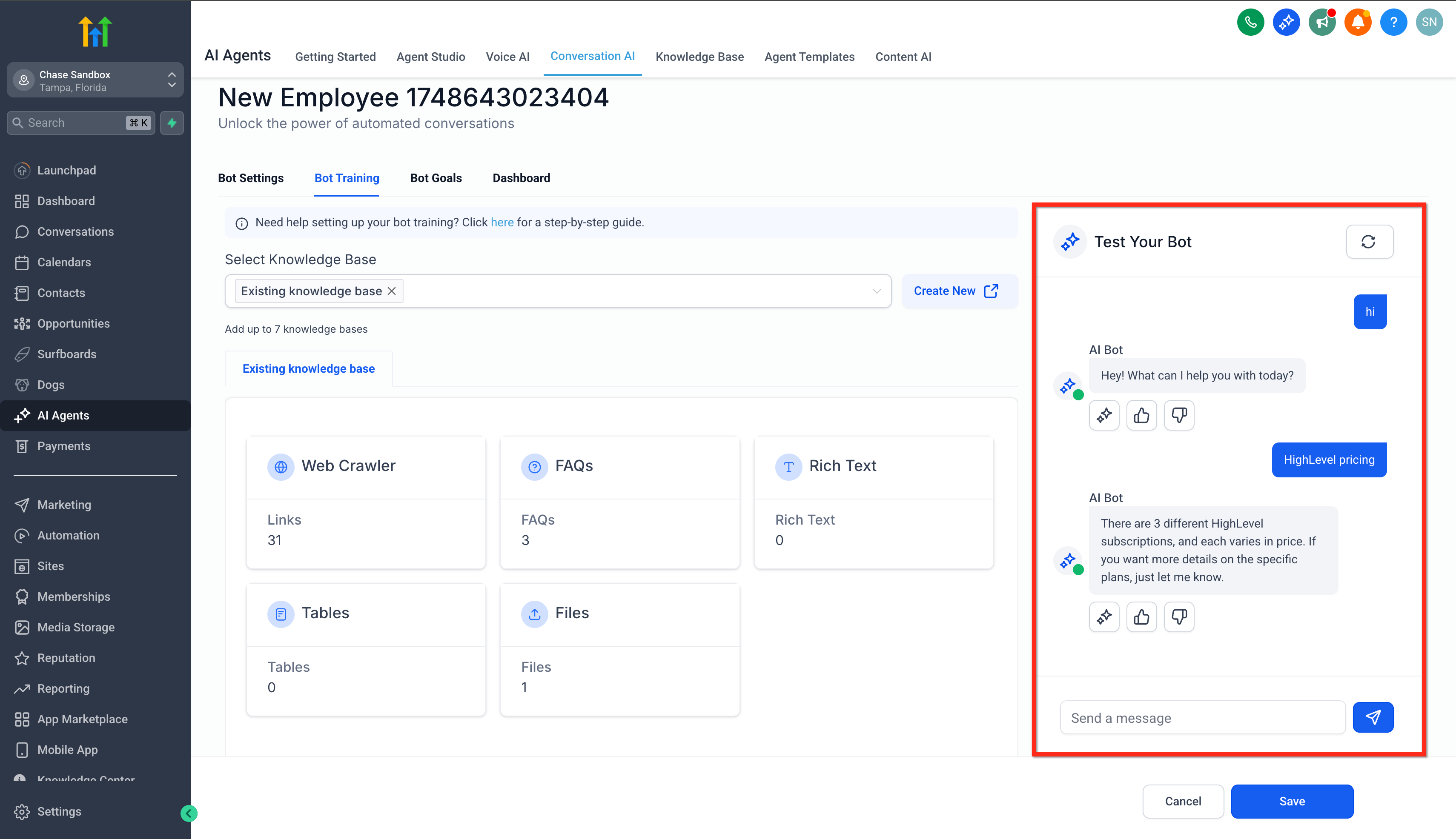 Finestra di test del bot Conversation AI