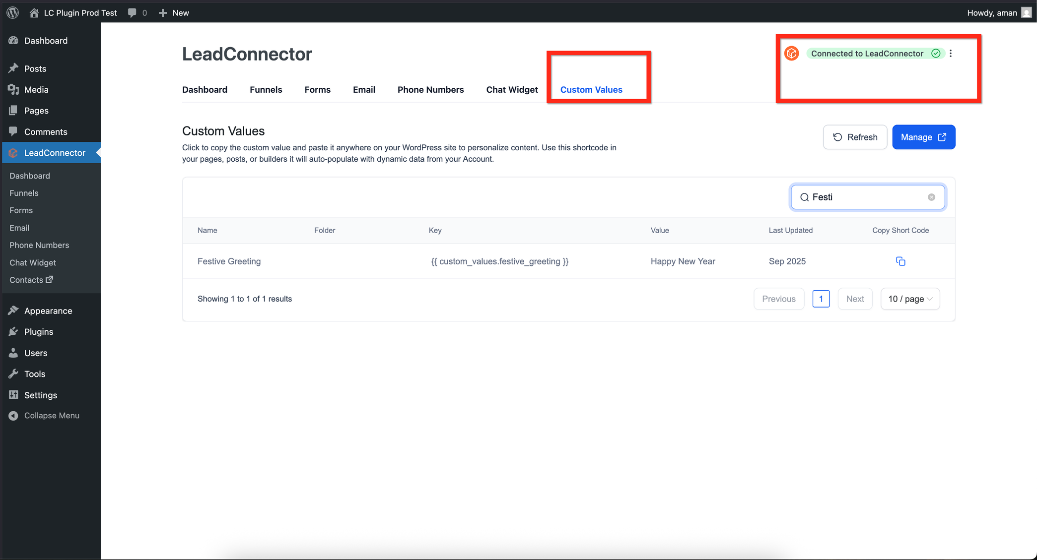 Schermata dei Valori Personalizzati in WordPress