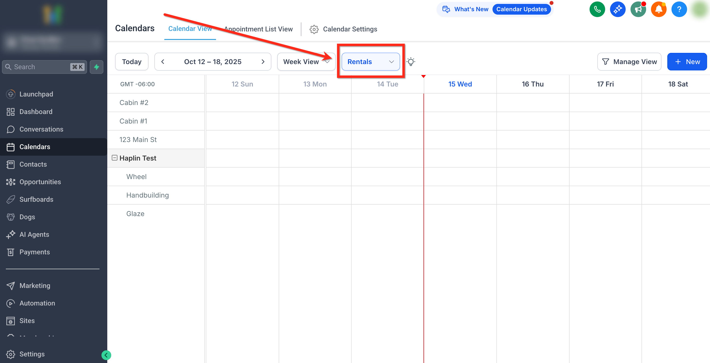 Selezione Rentals dalla vista Calendario