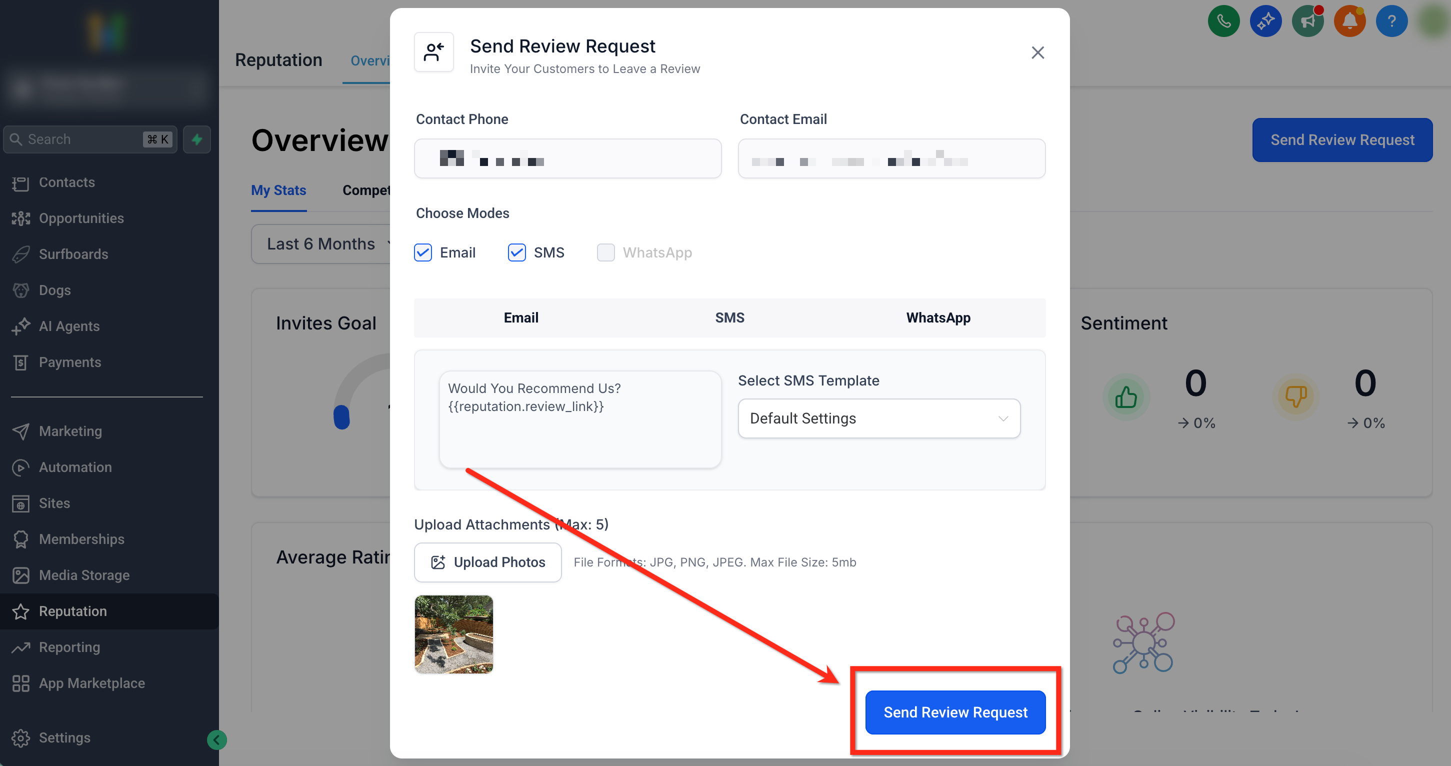 Pulsante blu Send Review Request per inviare la richiesta con le foto allegate