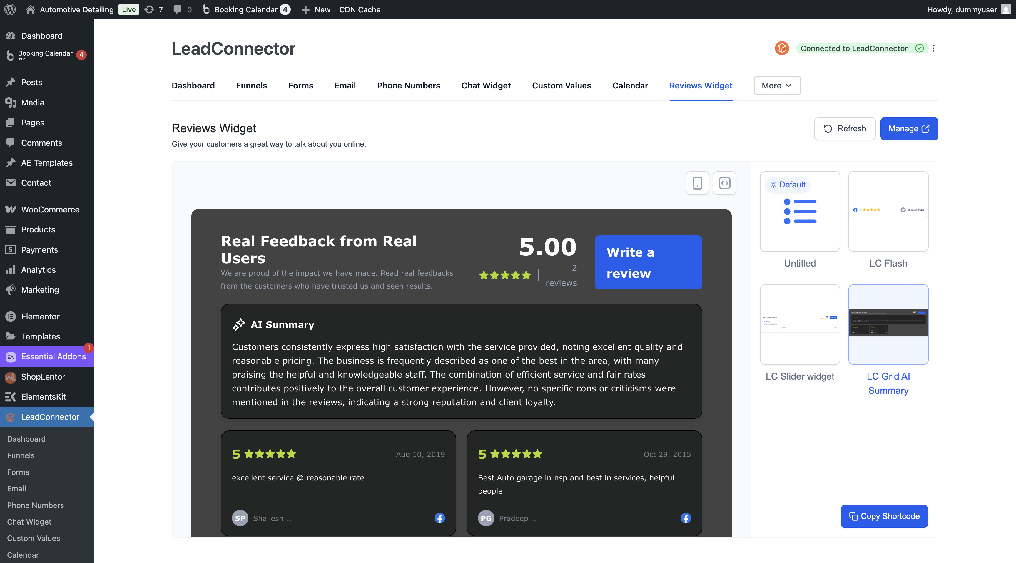 Schermata widget recensioni