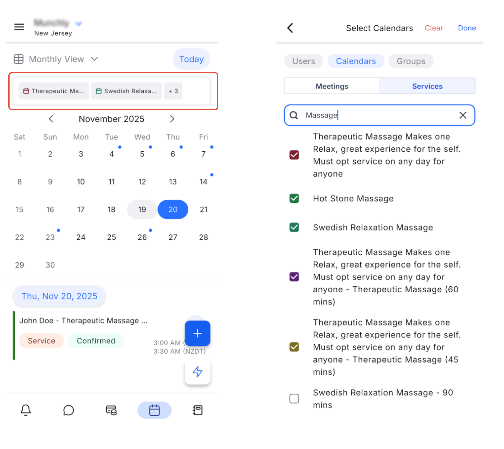 Schermata filtro calendario per servizi