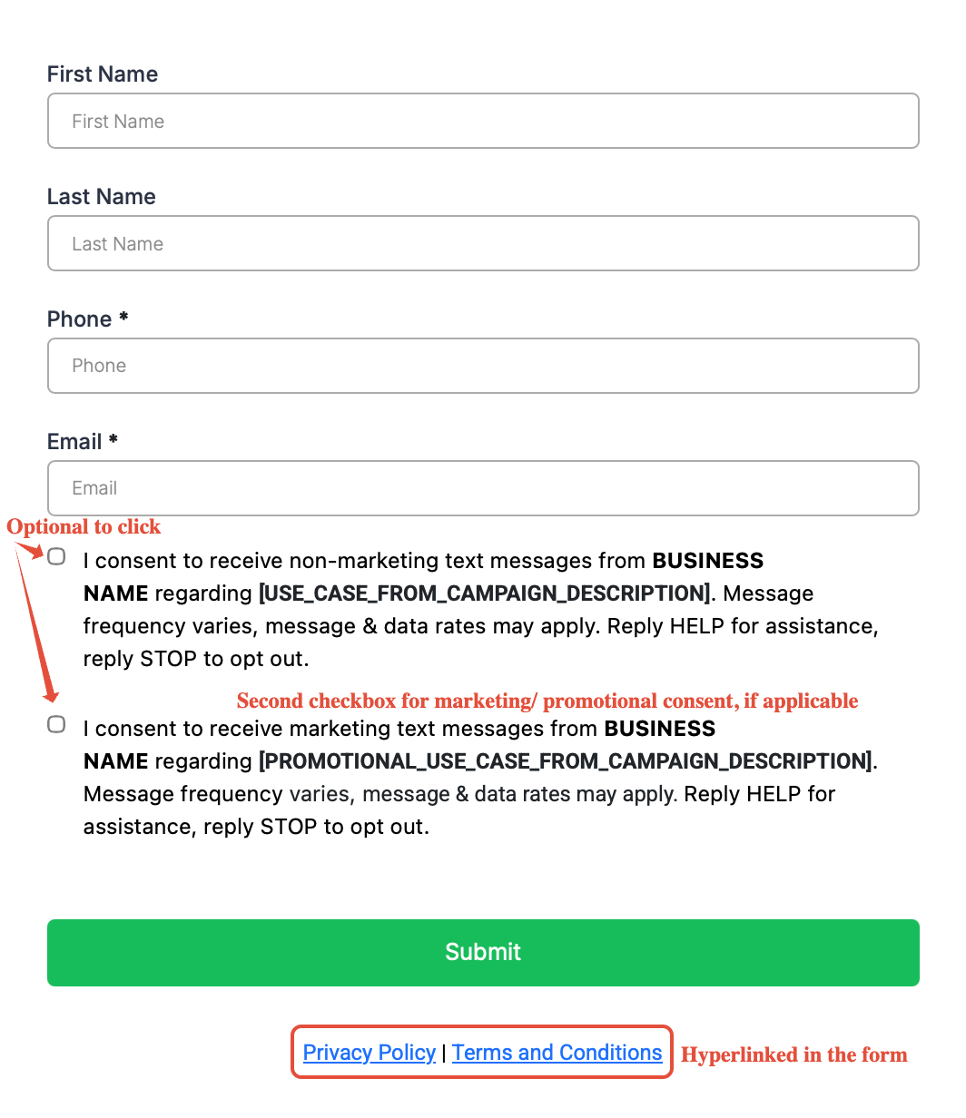 Esempio di modulo di opt-in correttamente strutturato