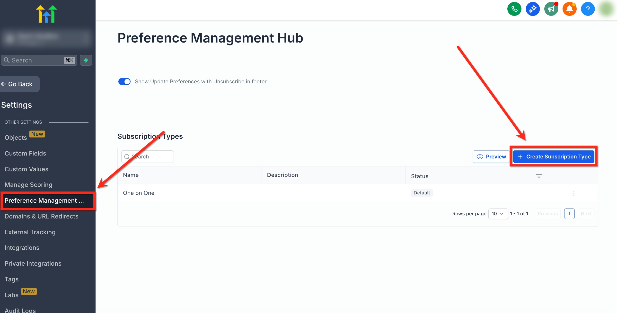 Pulsante Crea Tipo di Iscrizione nel Preference Management Hub