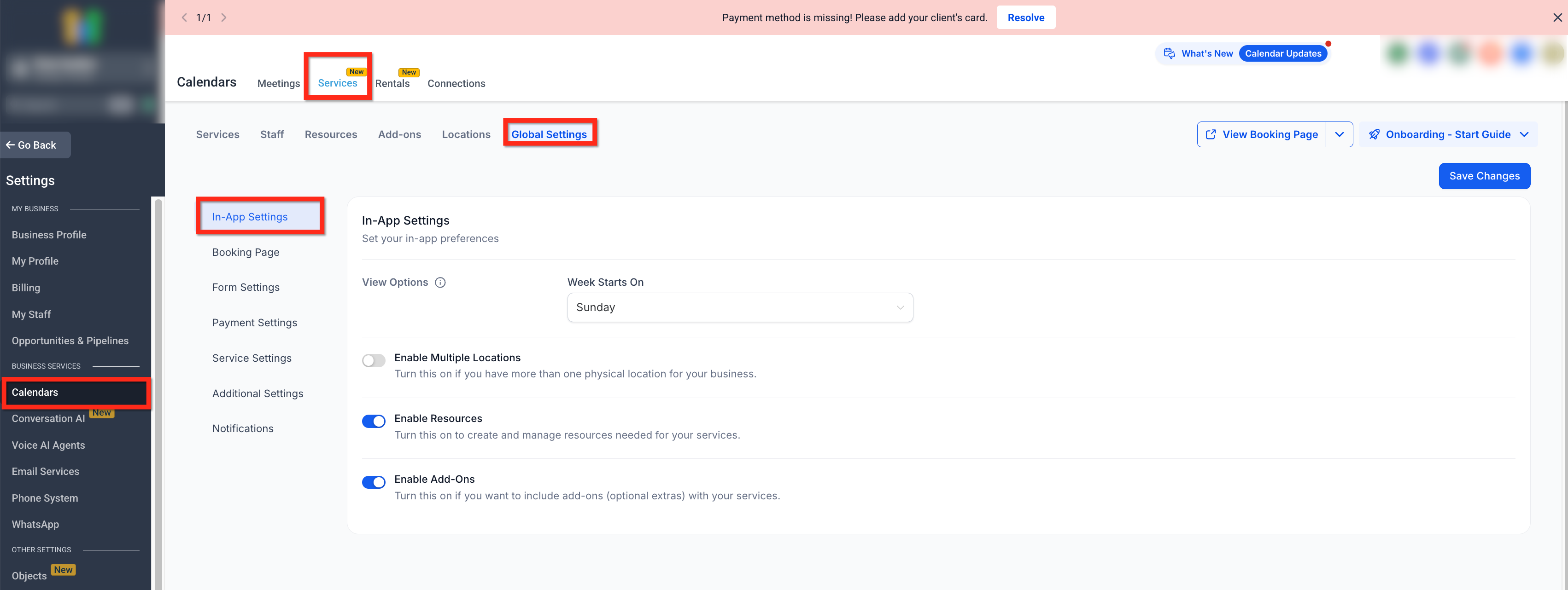 Schermata delle impostazioni di notifica dei Servizi