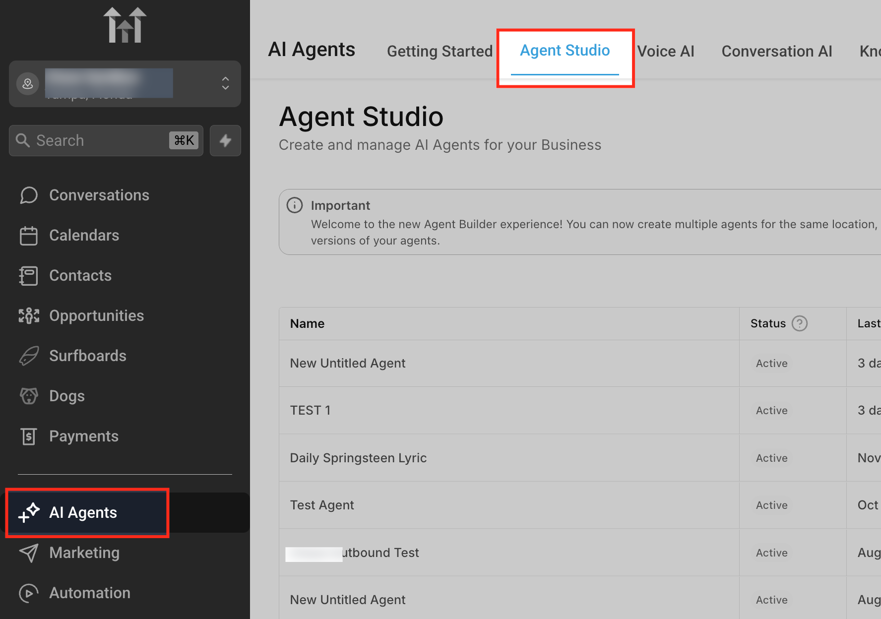 Apertura di Agent Studio