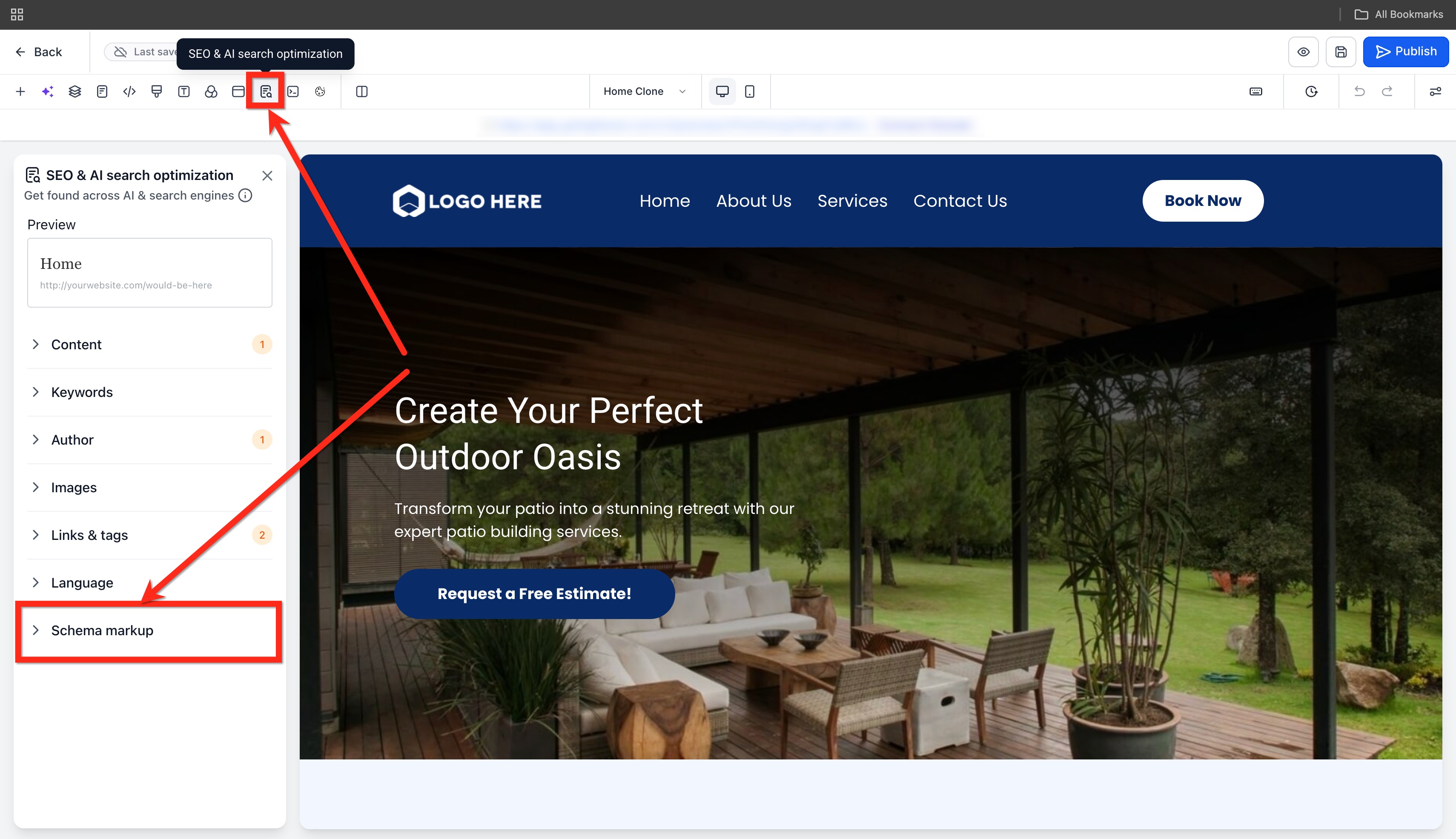 Sezione Schema Markup nelle impostazioni SEO