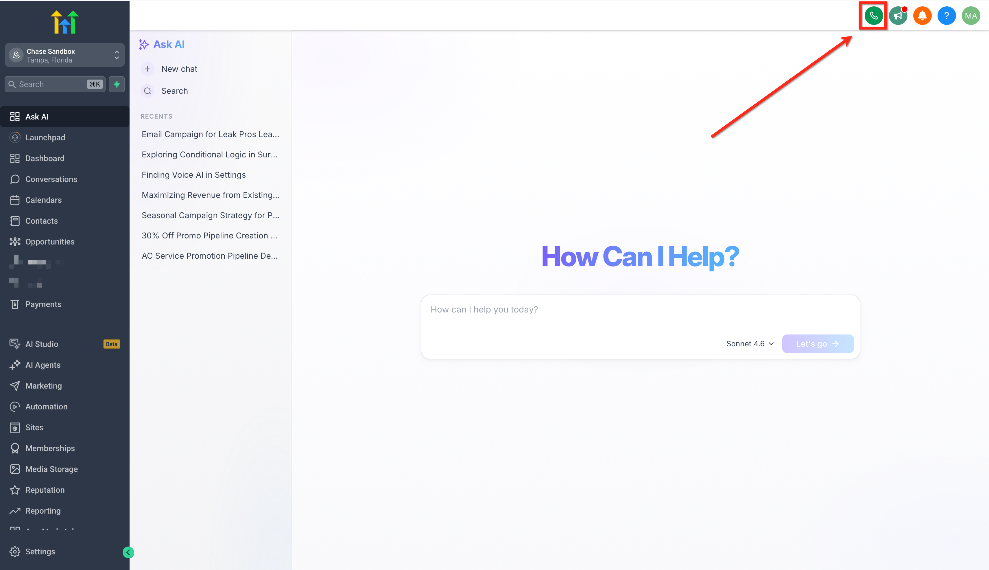 Apertura del dialer web di GoHighLevel / Squadd