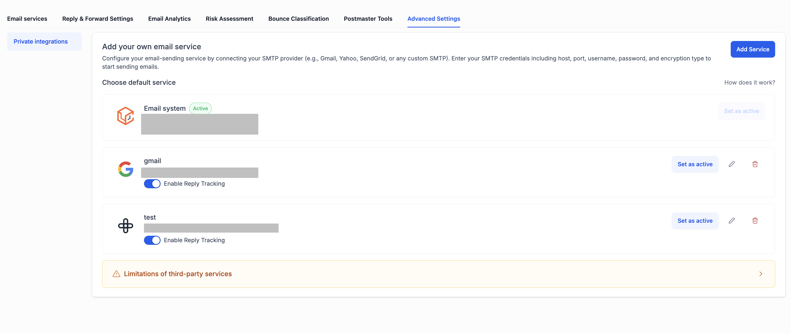 Clicca su Add Service per aprire il popup di configurazione SMTP