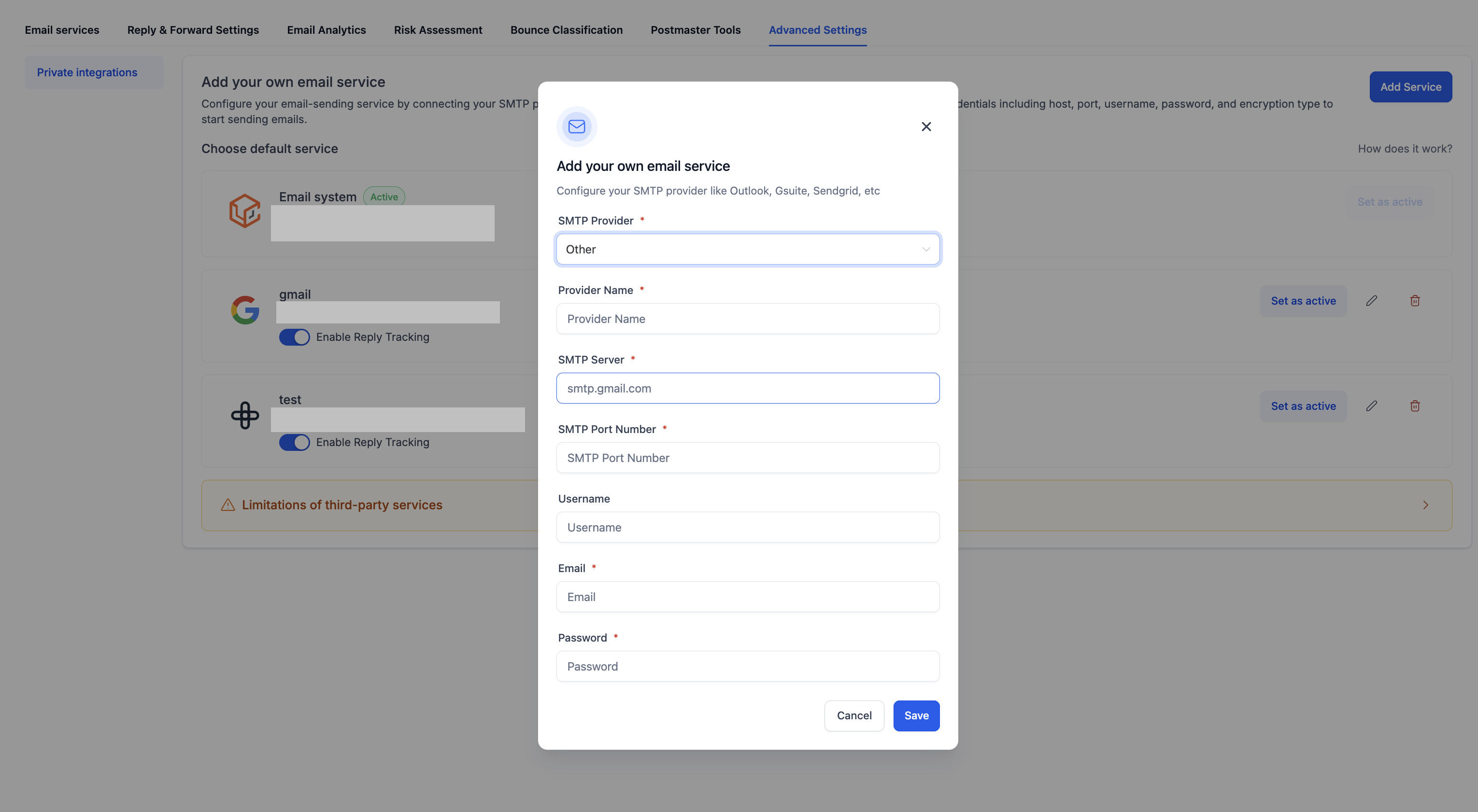 Inserisci le tue credenziali SMTP